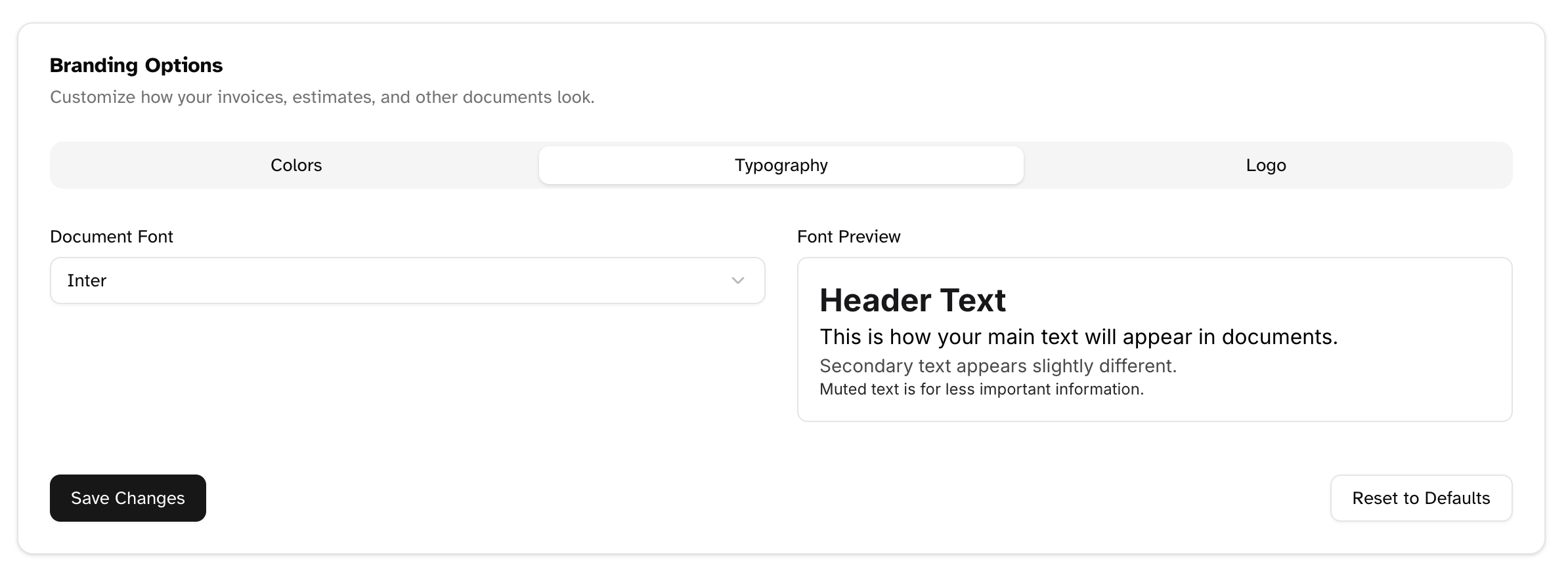 Typography options in the branding settings