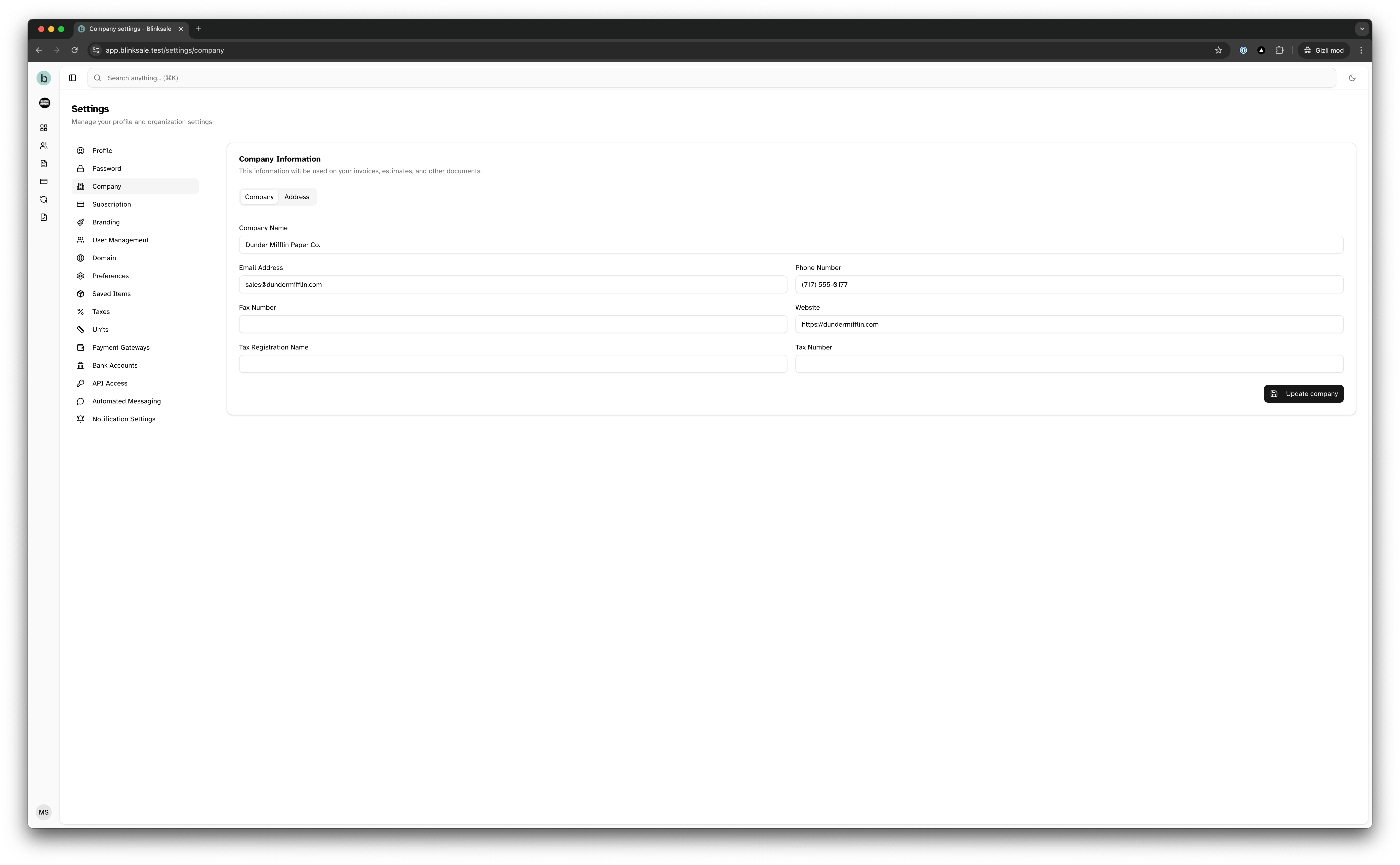 Accessing company settings through the settings menu
