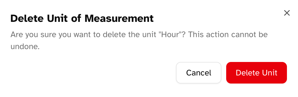 Confirmation dialog for deleting a unit of measurement