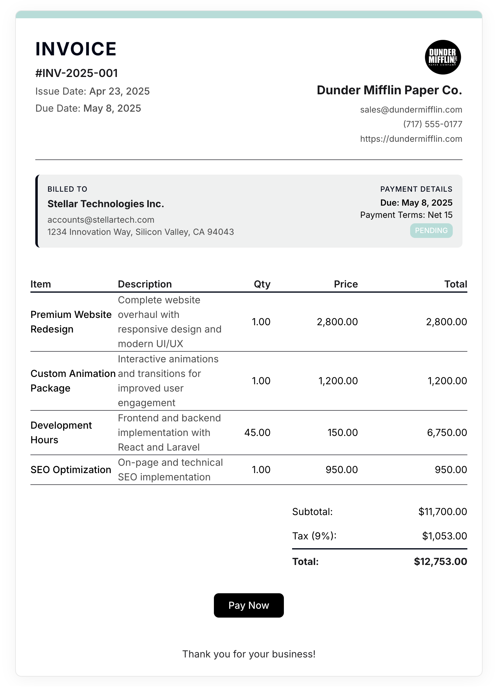 Sample invoice with applied branding