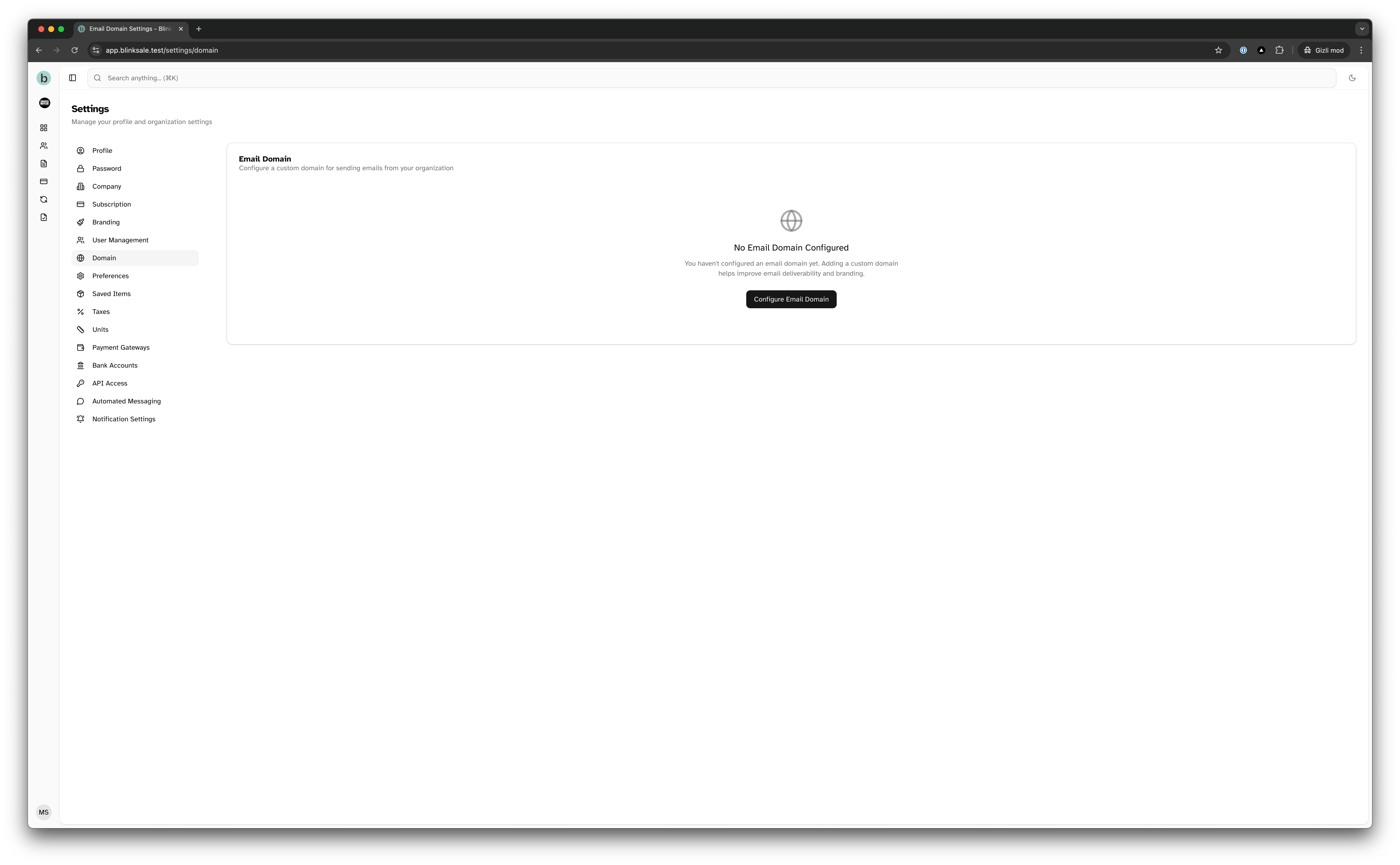 Accessing domain settings through the settings menu