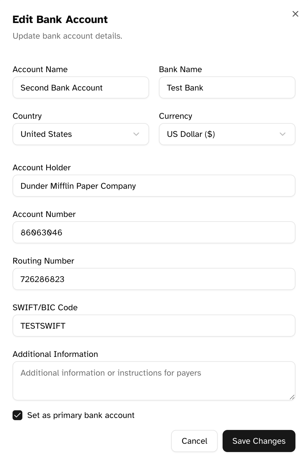 Dialog for editing an existing bank account