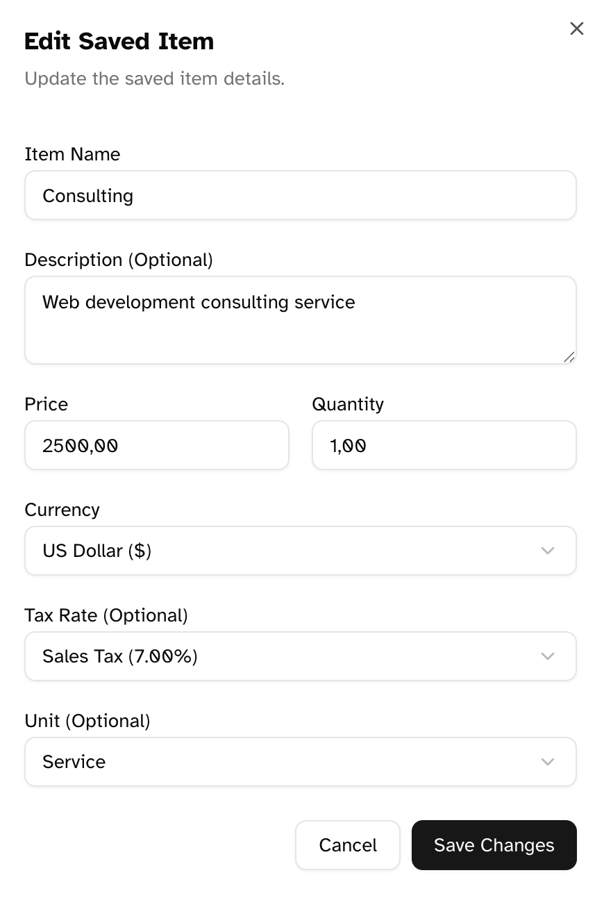Dialog for editing an existing saved item
