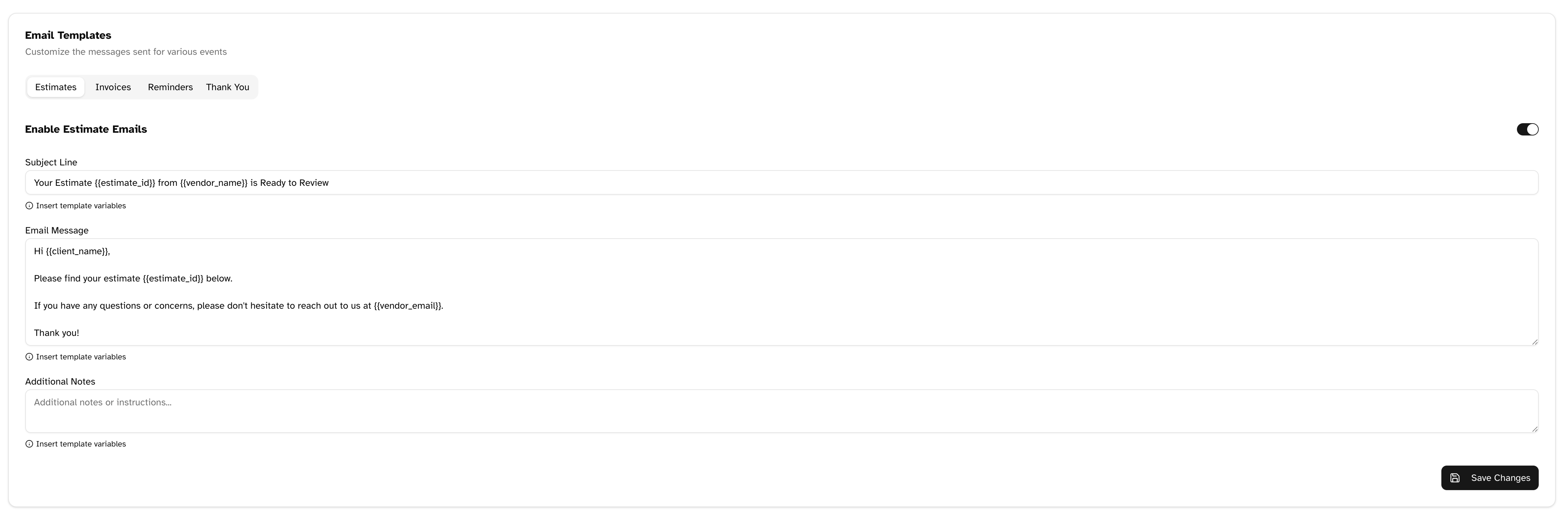 Estimate message template settings