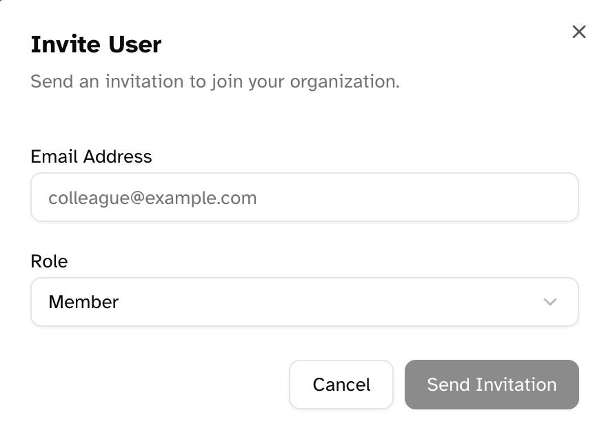 Dialog for inviting a new user to the organization