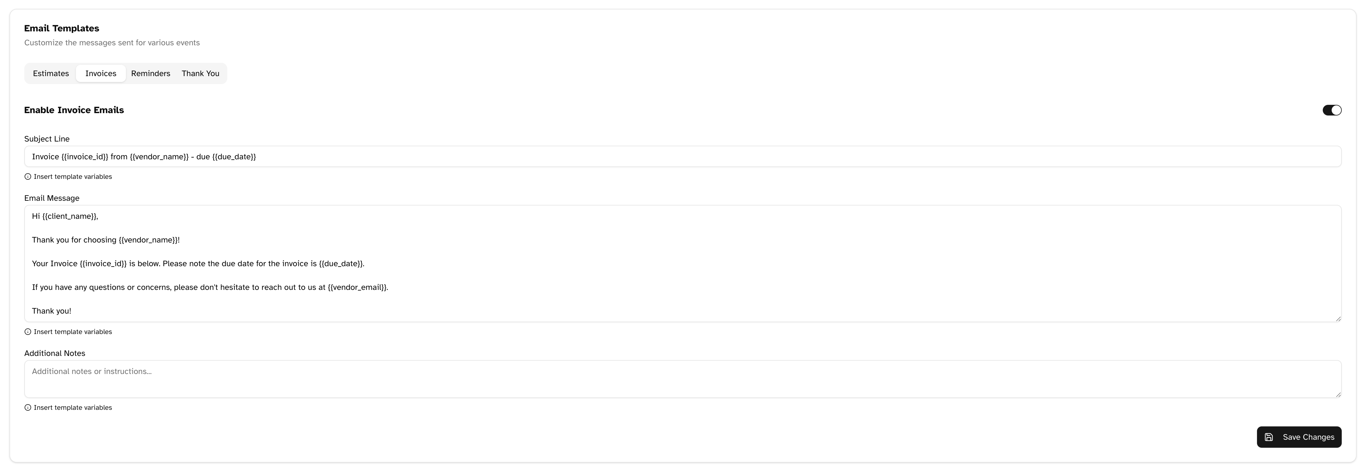 Invoice message template settings