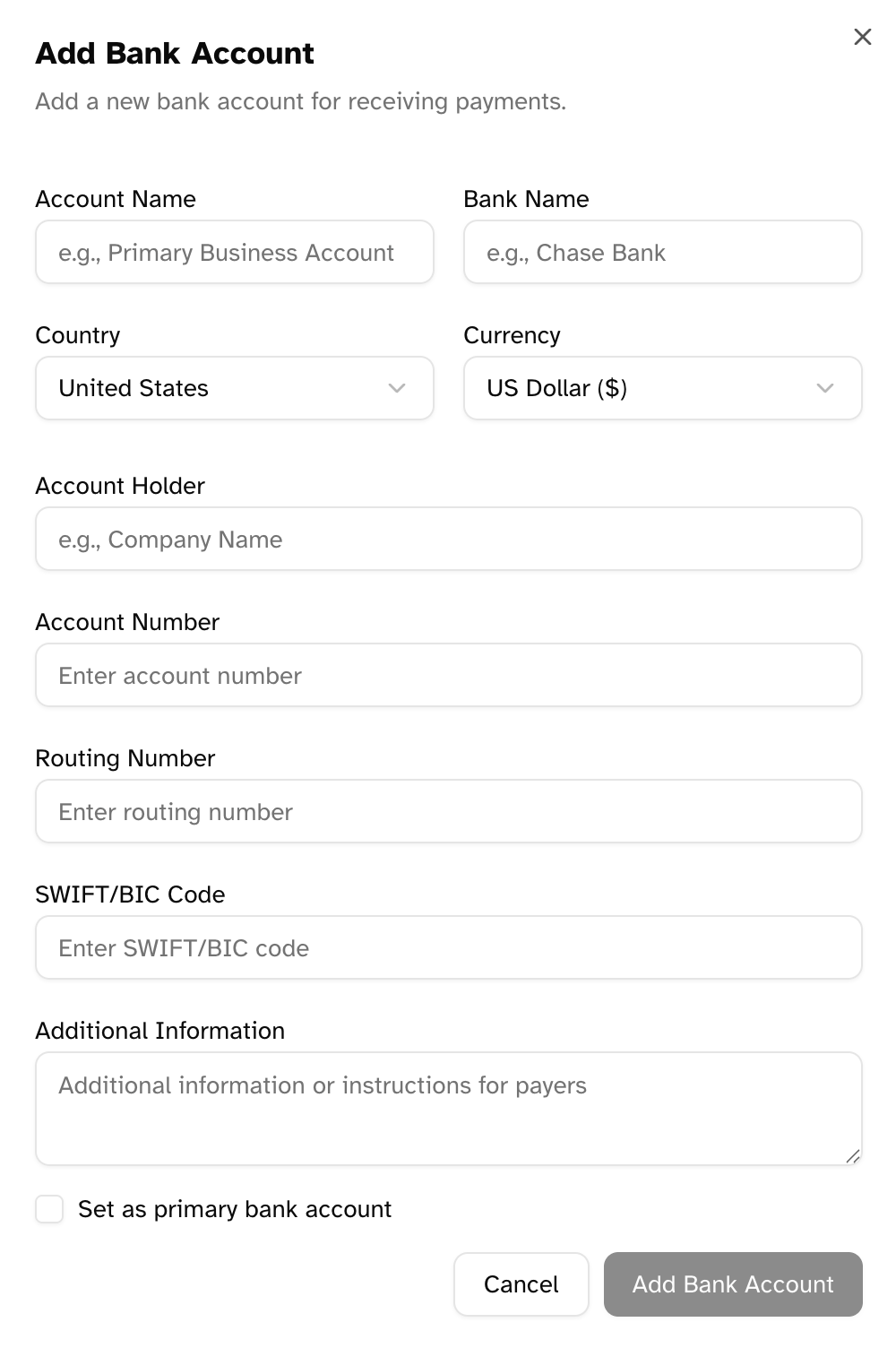 Dialog for adding a new bank account