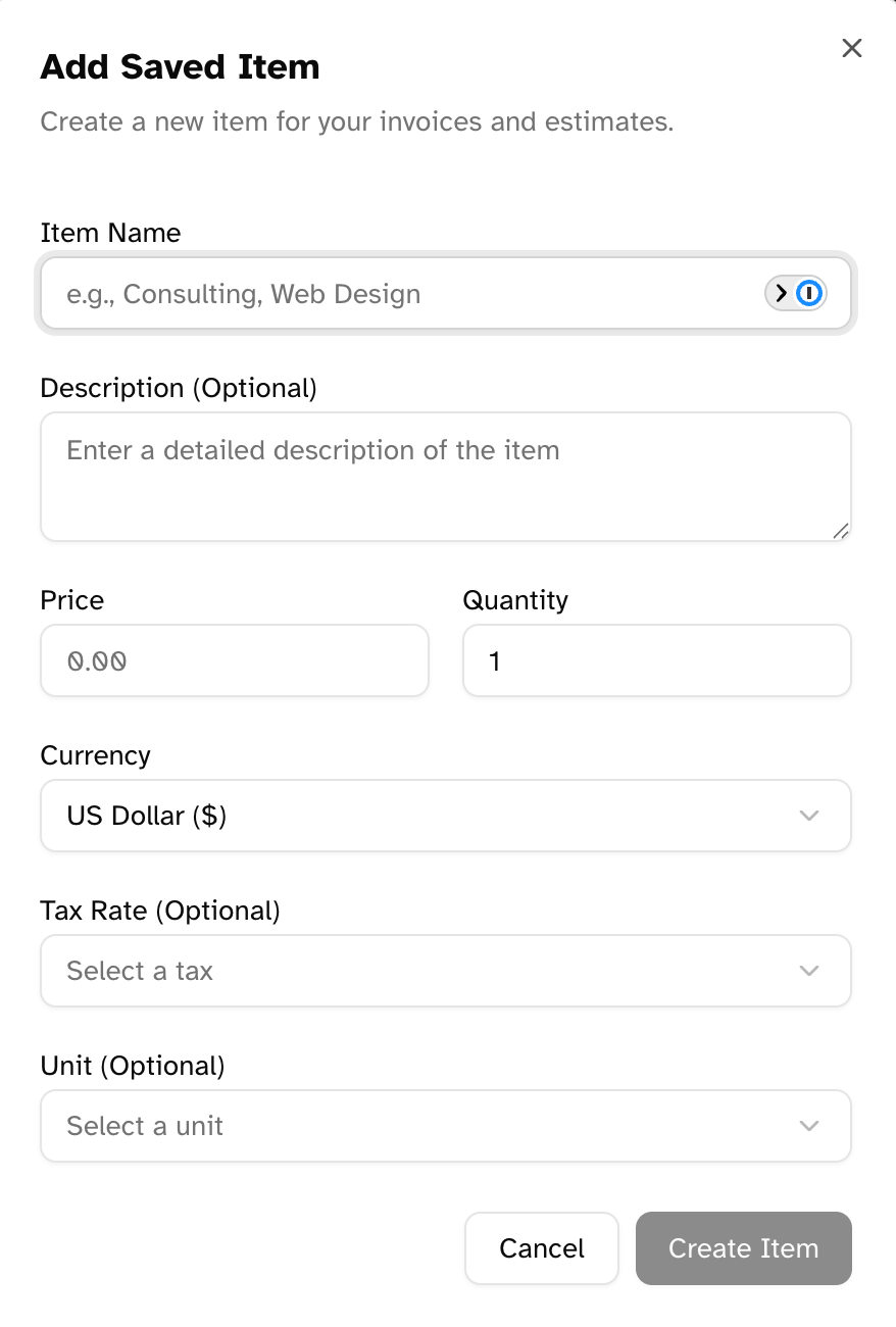 Dialog for adding a new saved item with fields for name, description, price, and other details