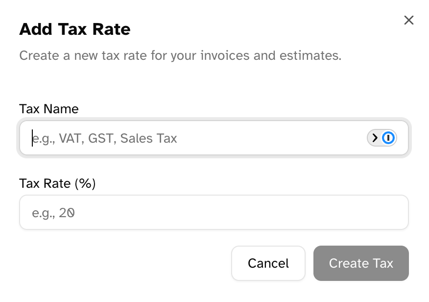 Dialog for adding a new tax rate