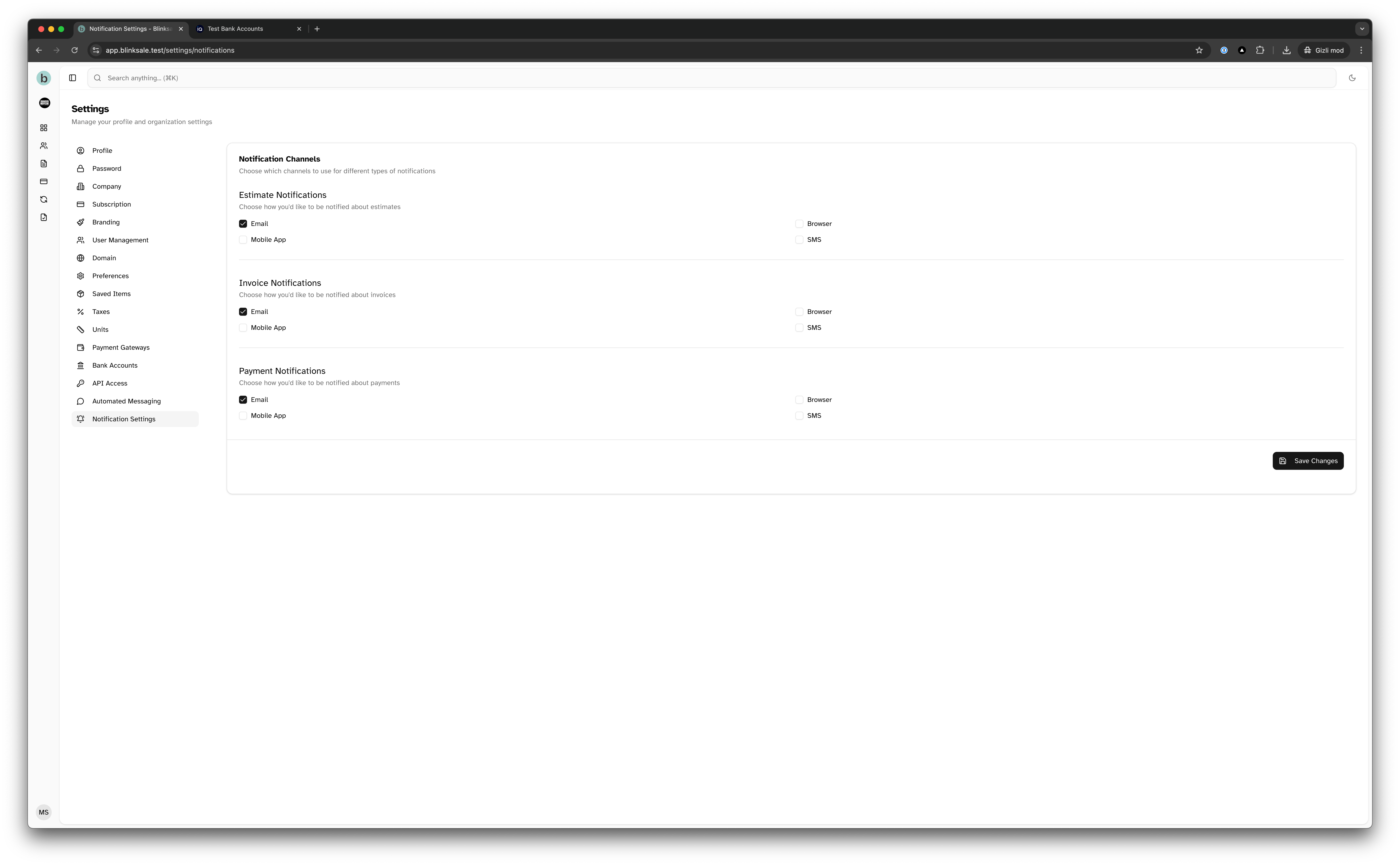 Notifications page in Blinksale