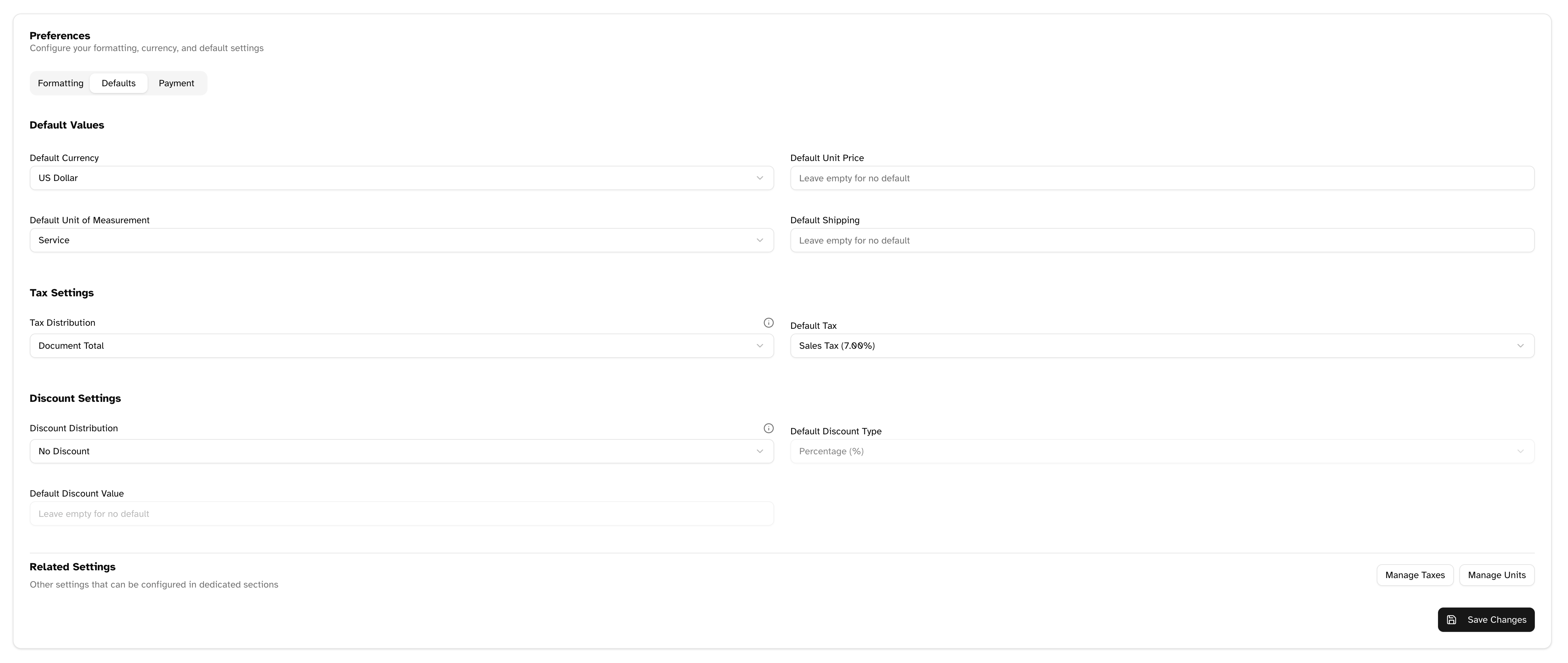 Defaults tab showing currency, unit, and tax default settings