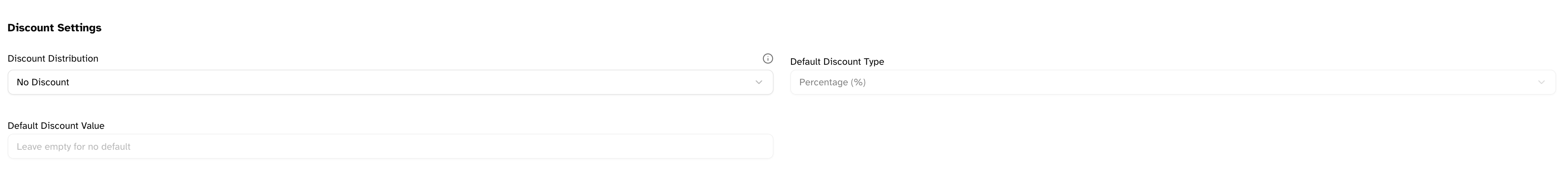 Discount settings showing distribution, type, and value options
