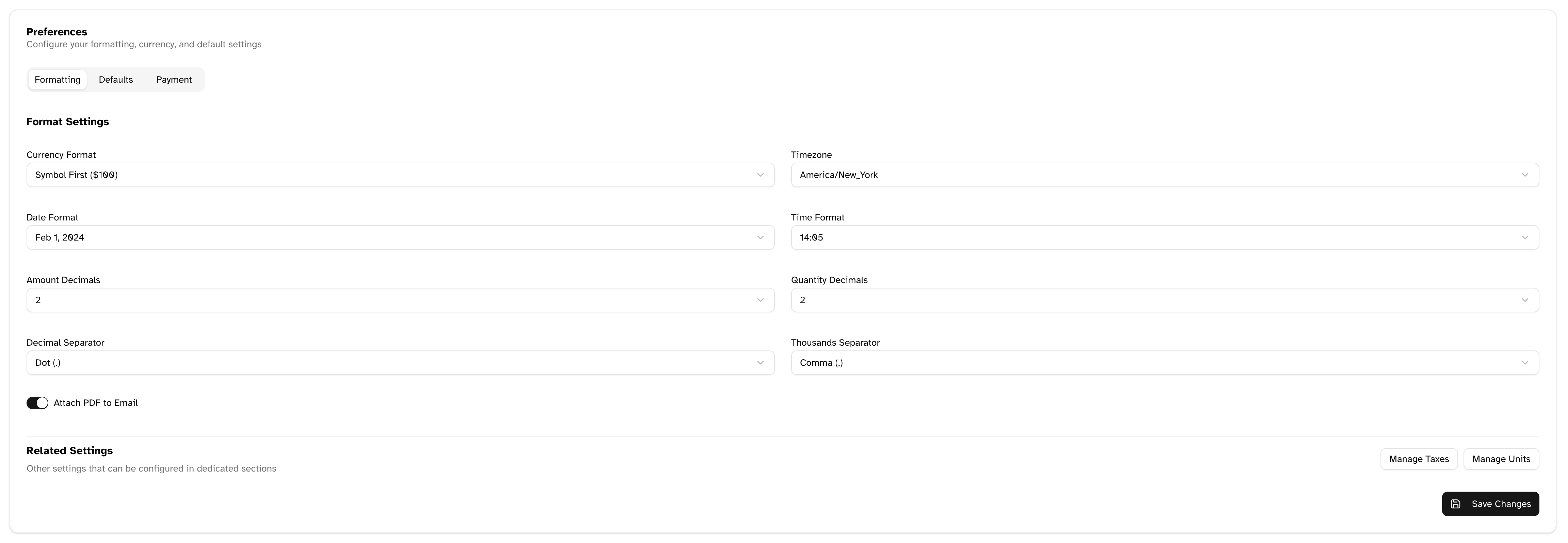 Formatting tab showing date, number, and currency formatting options