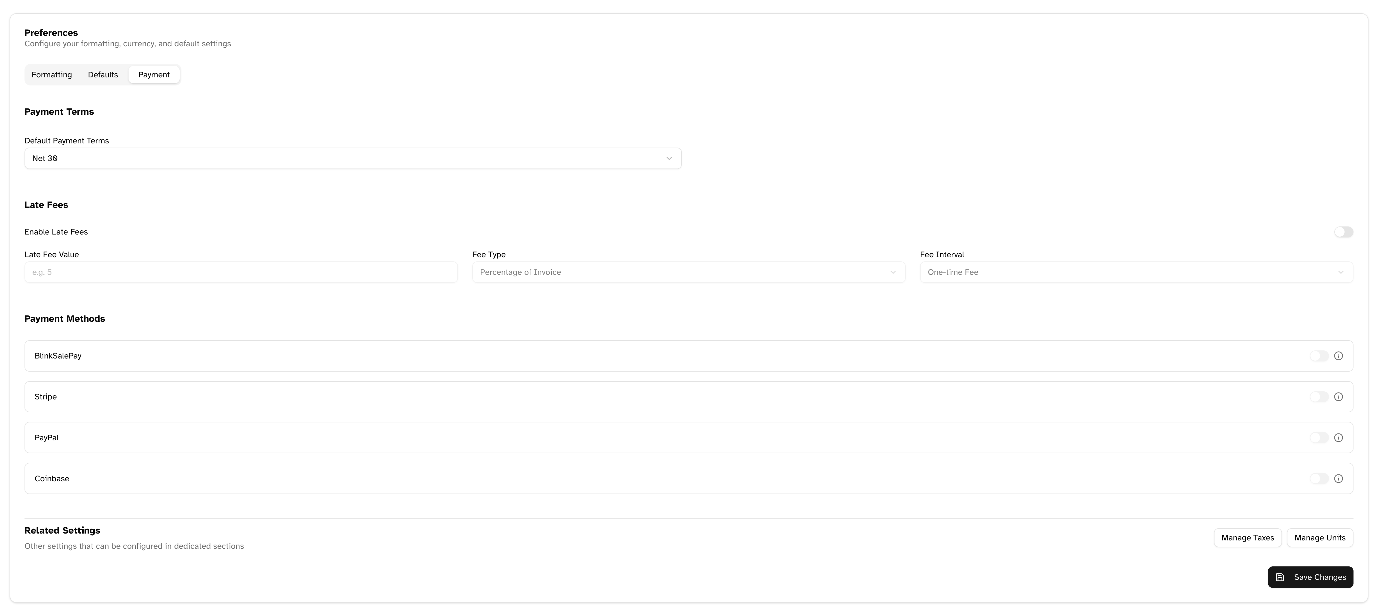 Payment tab showing terms, late fees, and payment method options