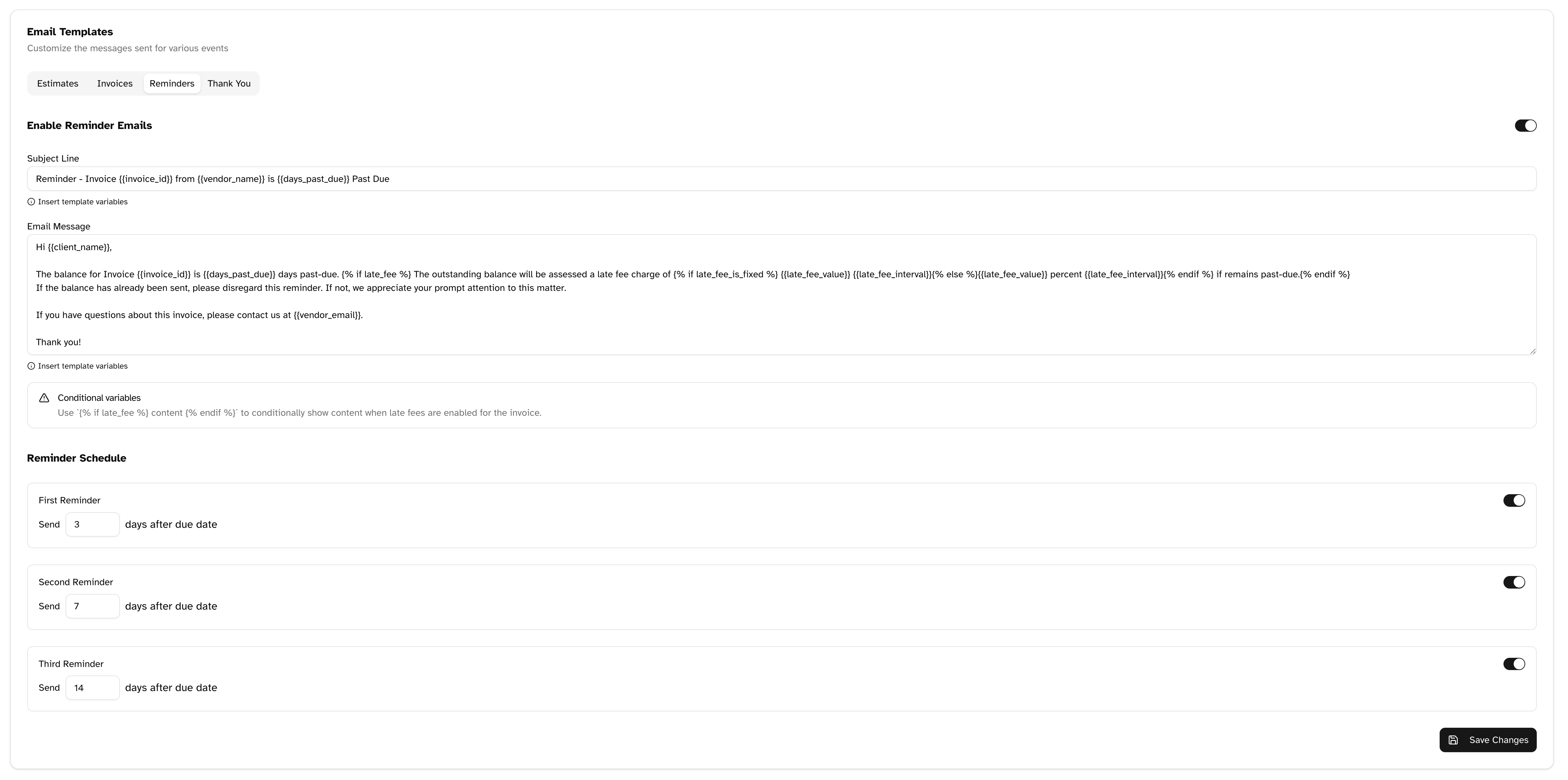 Payment reminder message template settings