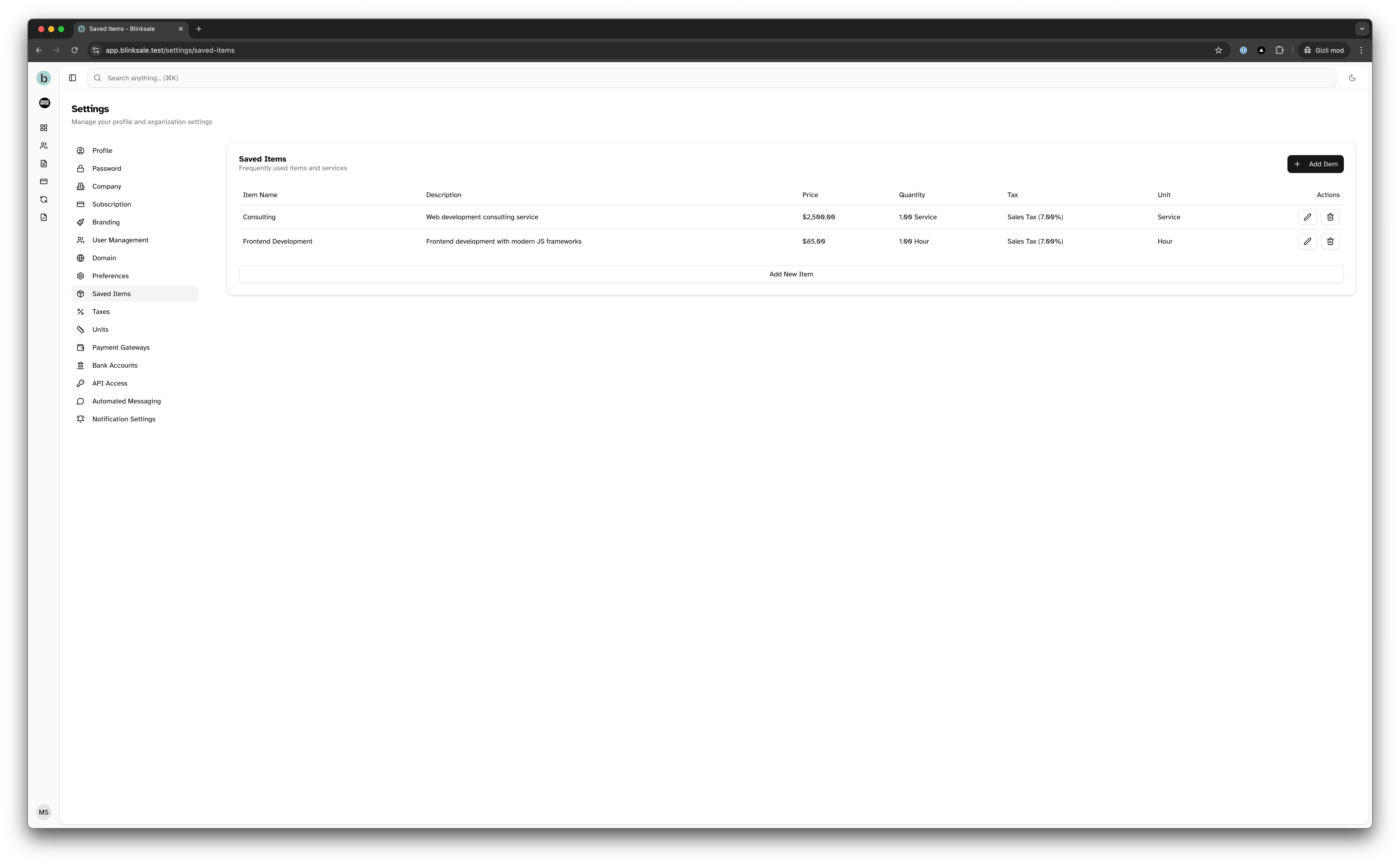 Saved items list showing all configured products and services