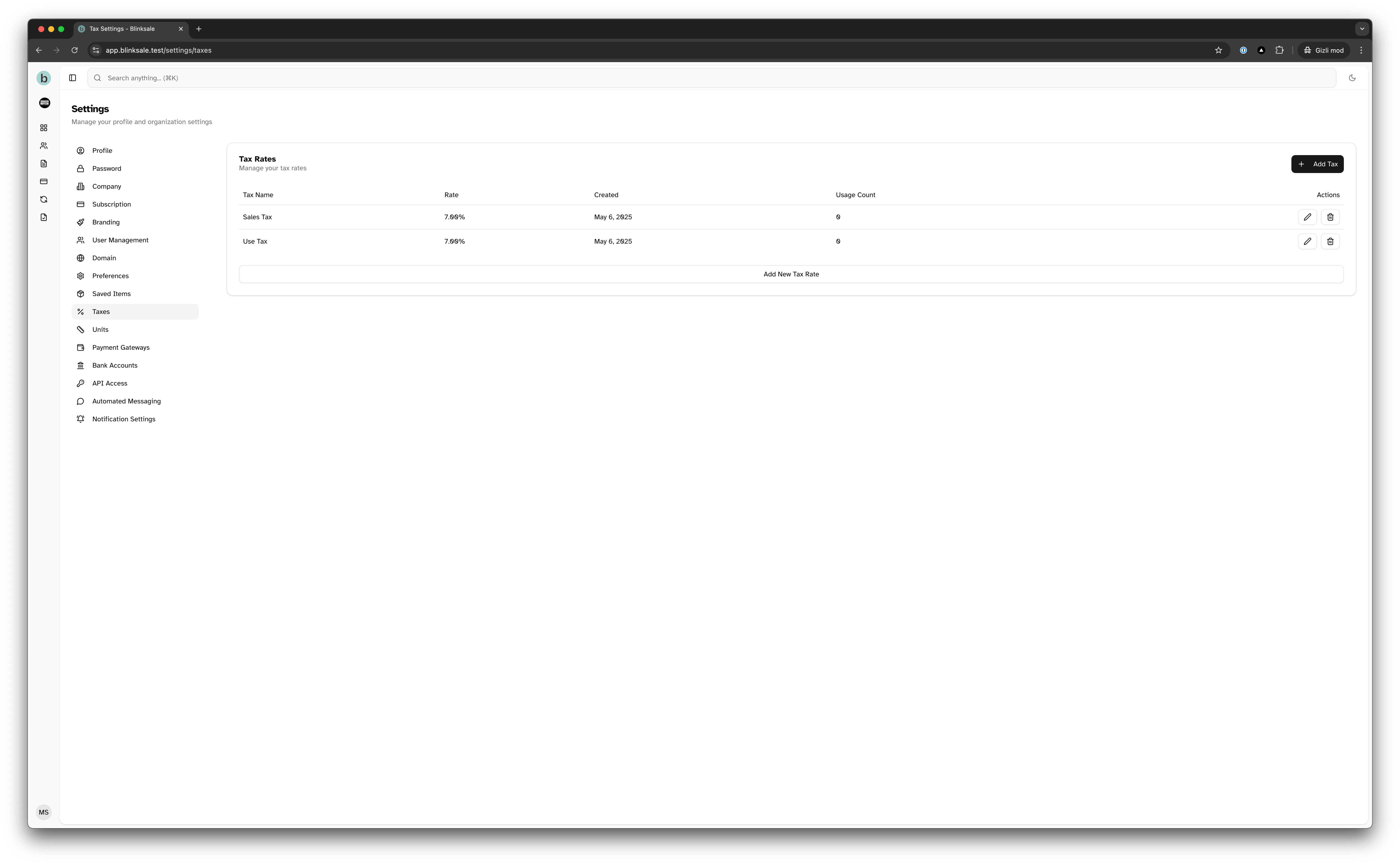 Tax rates list showing all configured tax rates