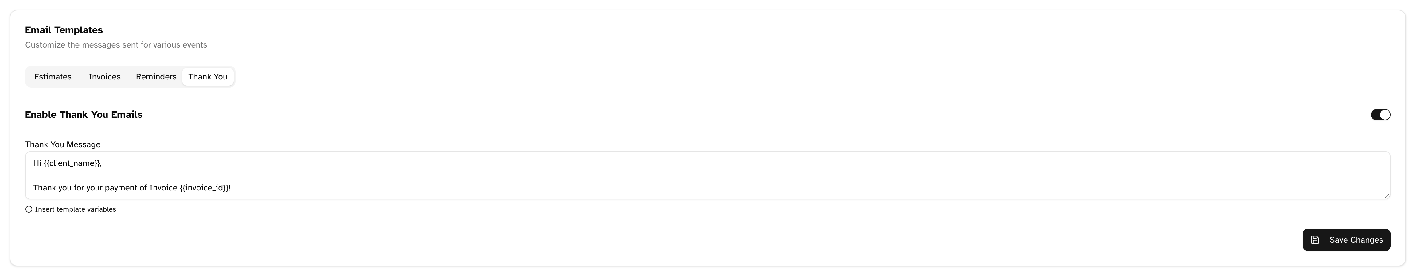 Thank you message template settings