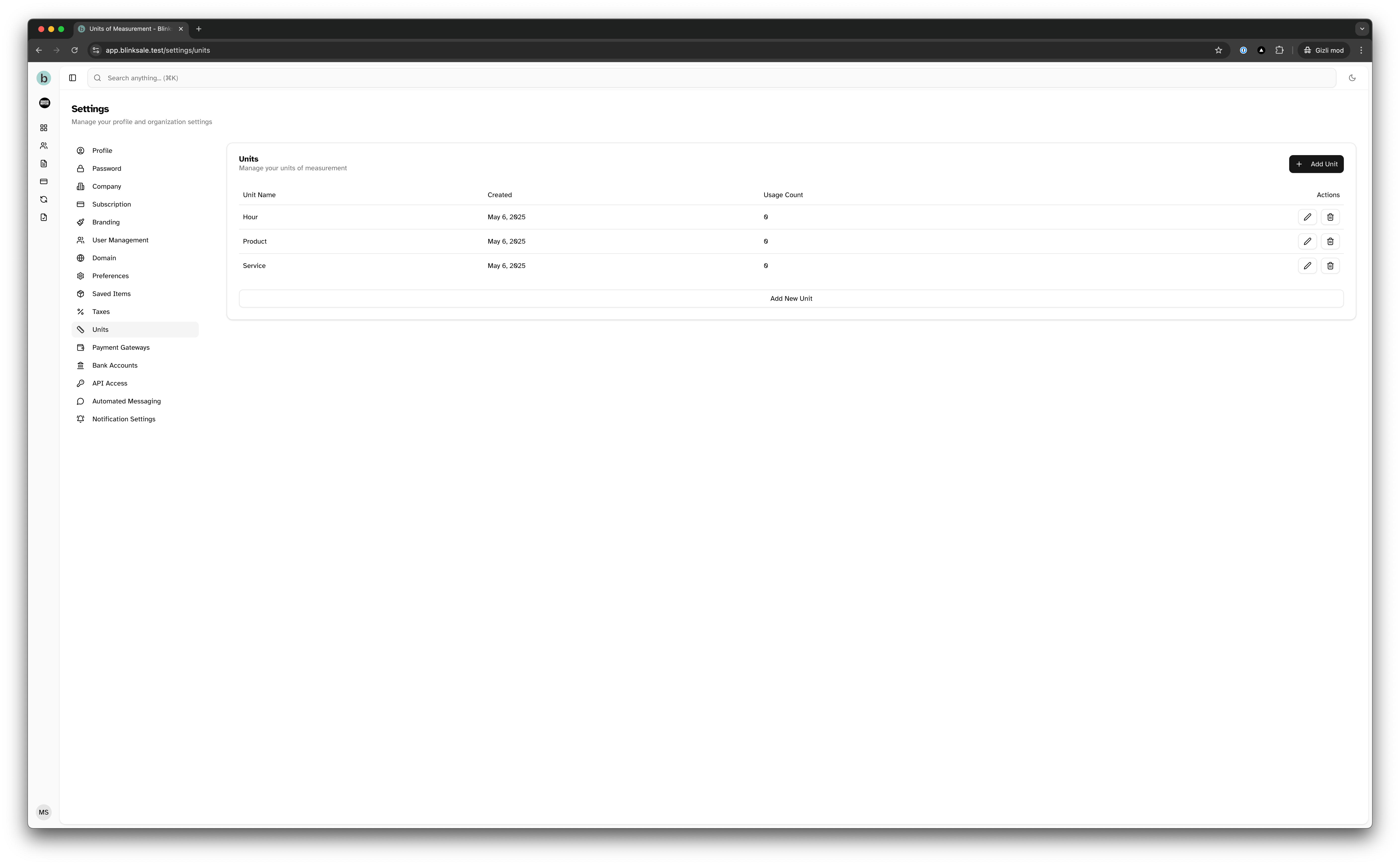 Units list showing all configured units of measurement