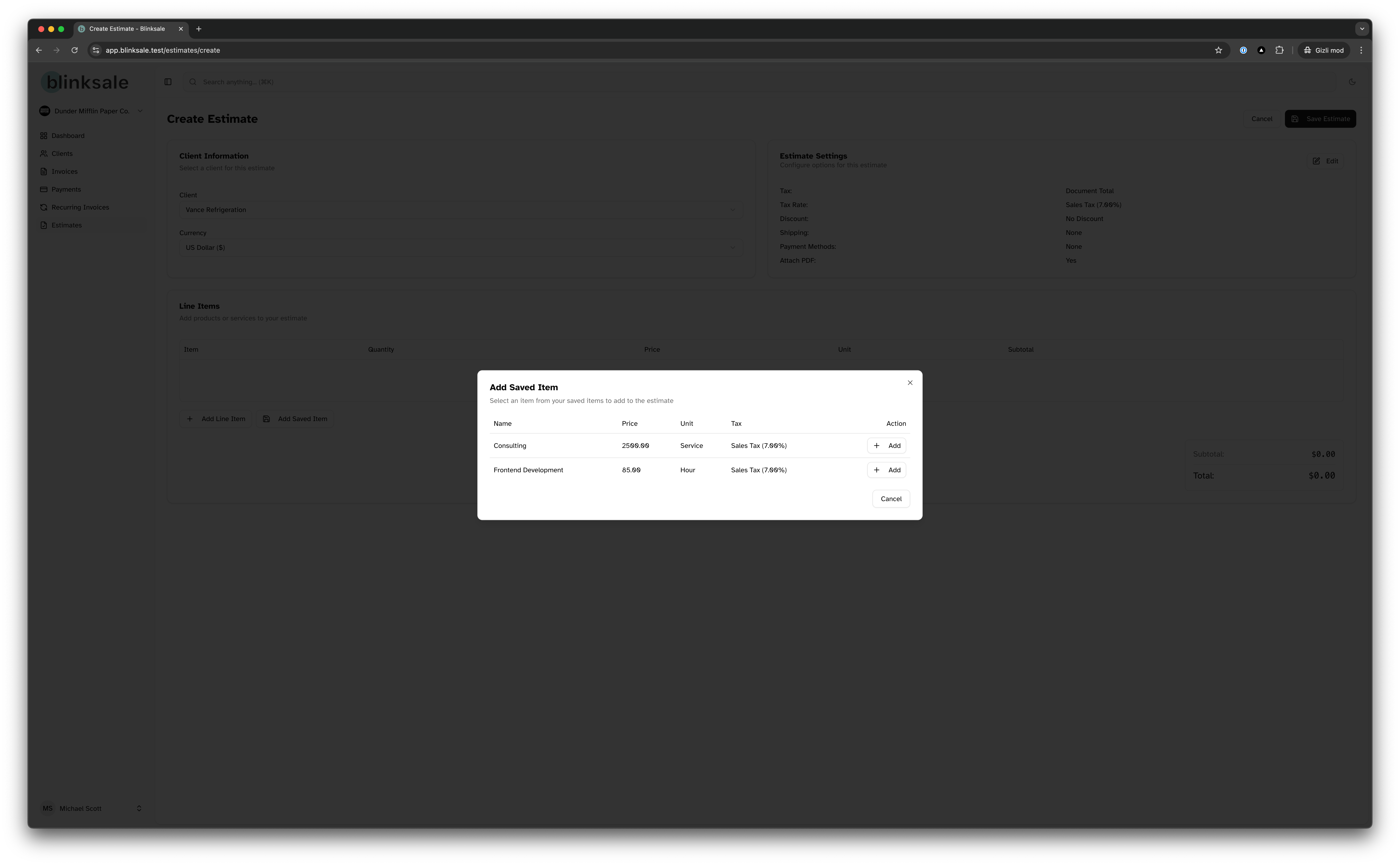 Using saved items when creating an invoice