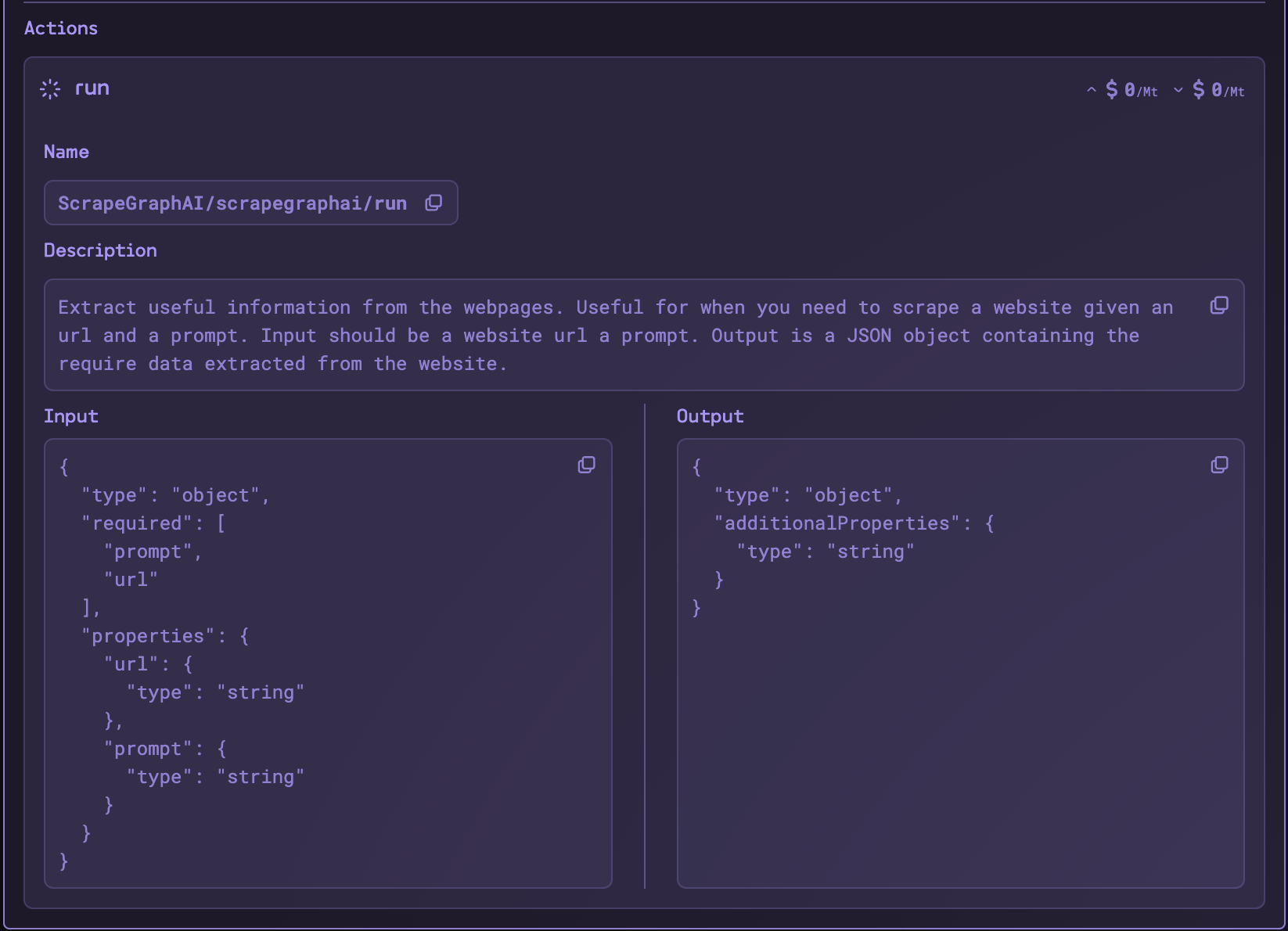 Card showing AI Agent input and output schema