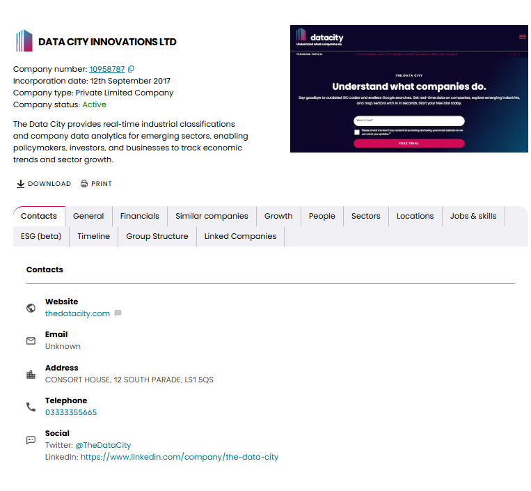 Company profile showing full company details