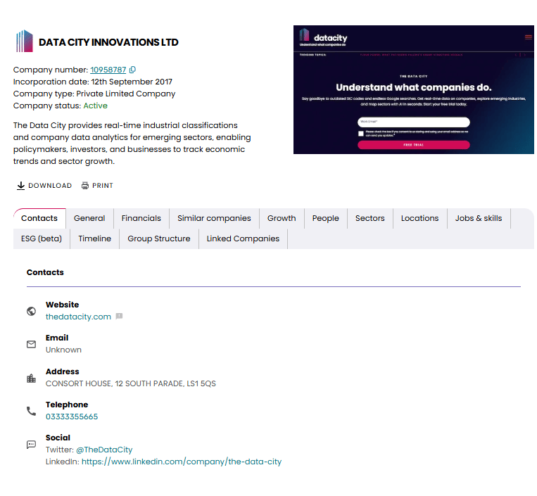 Company profile showing full company details
