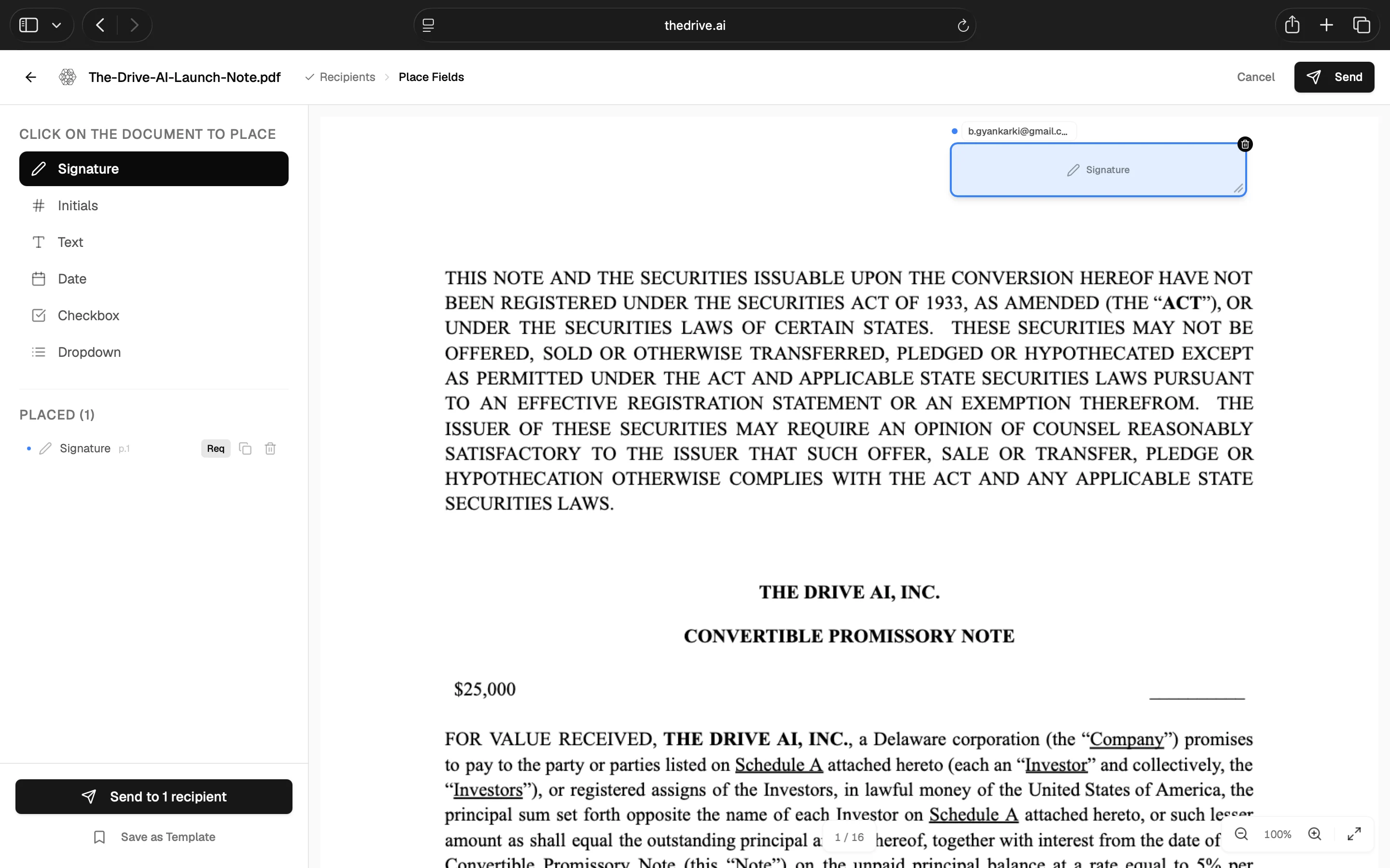 Place signature fields on the document