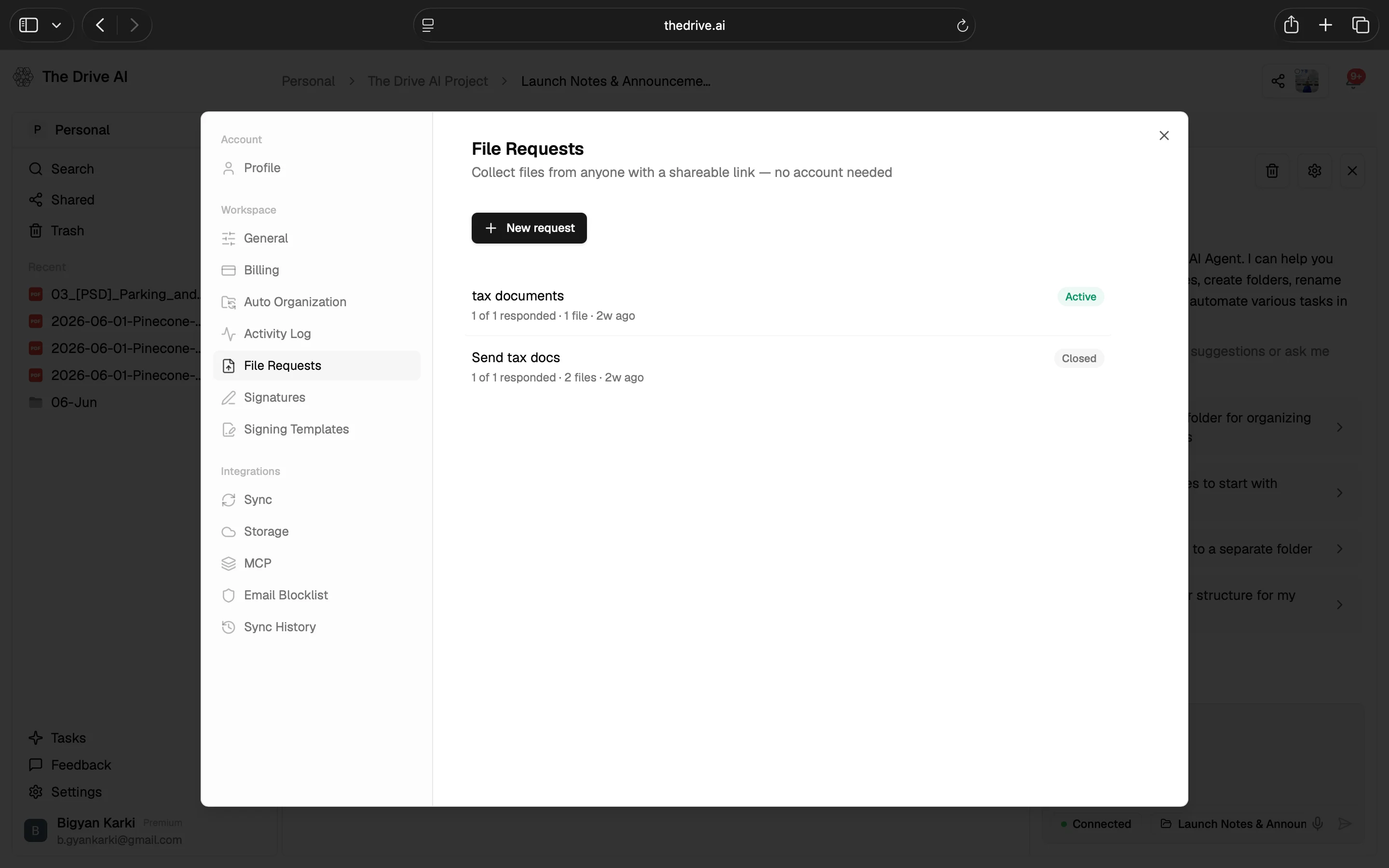 File Requests dashboard showing past requests and their status