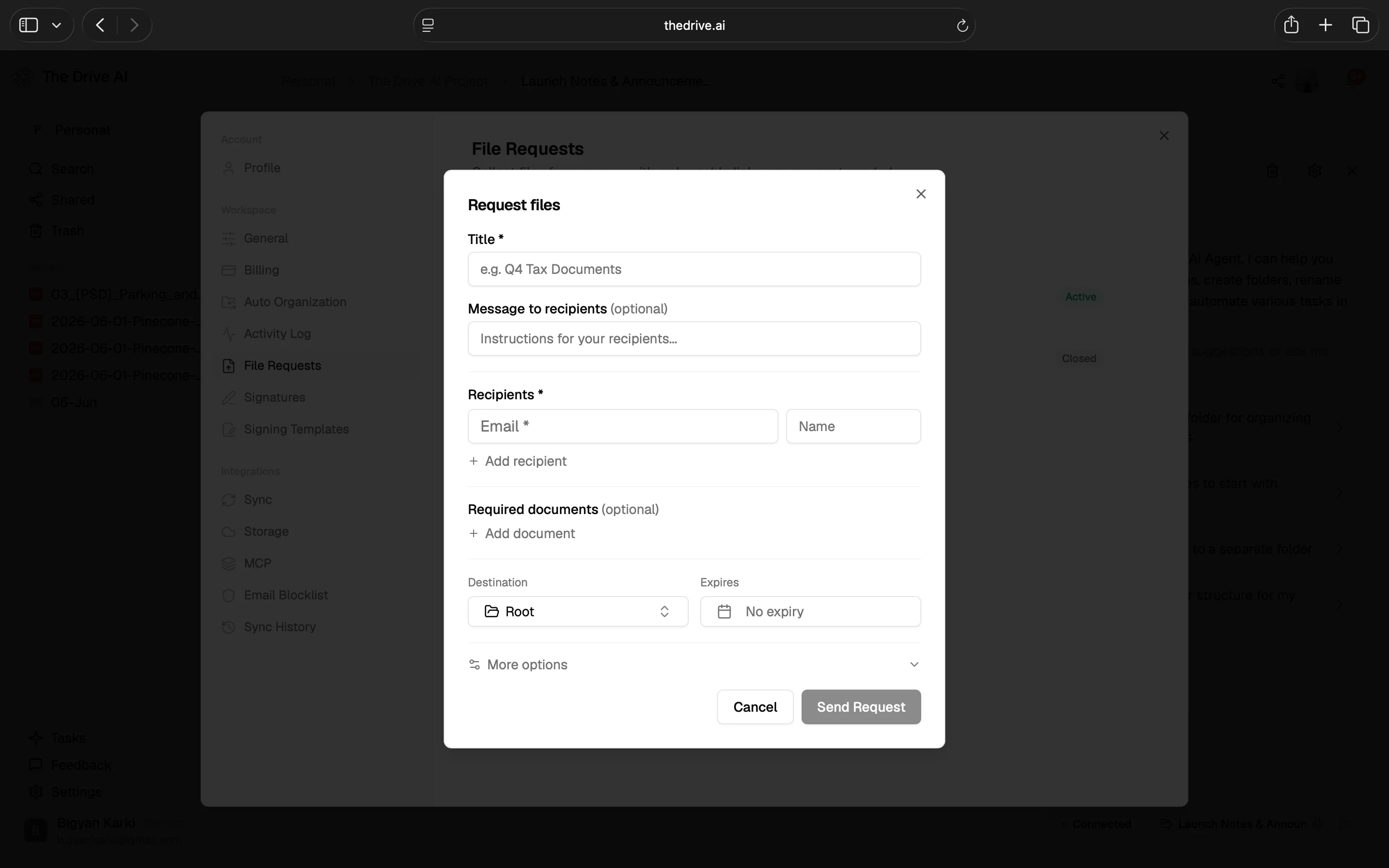 New file request modal with title, recipients, and settings
