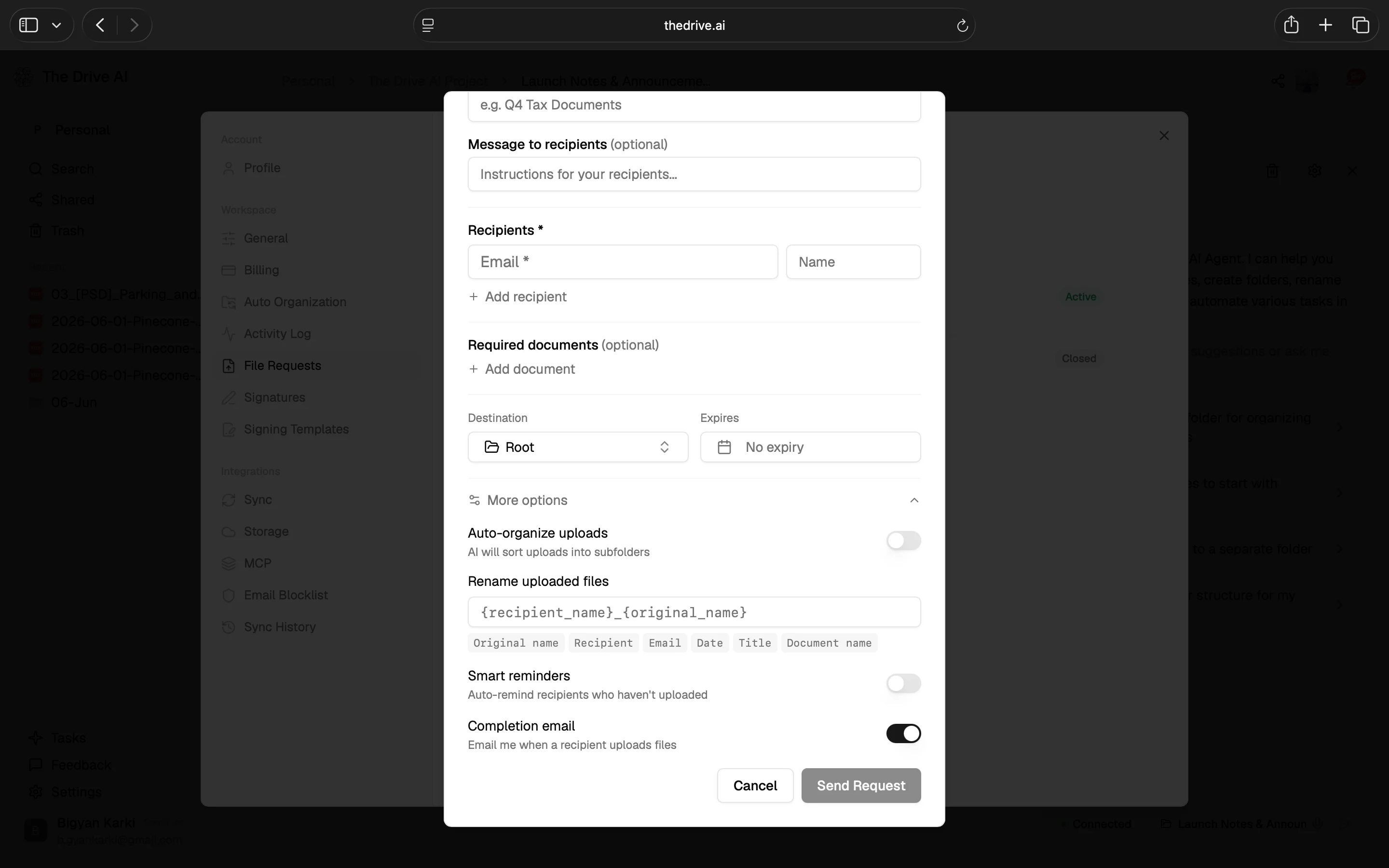 More options: auto-organize, rename pattern, smart reminders, and completion email