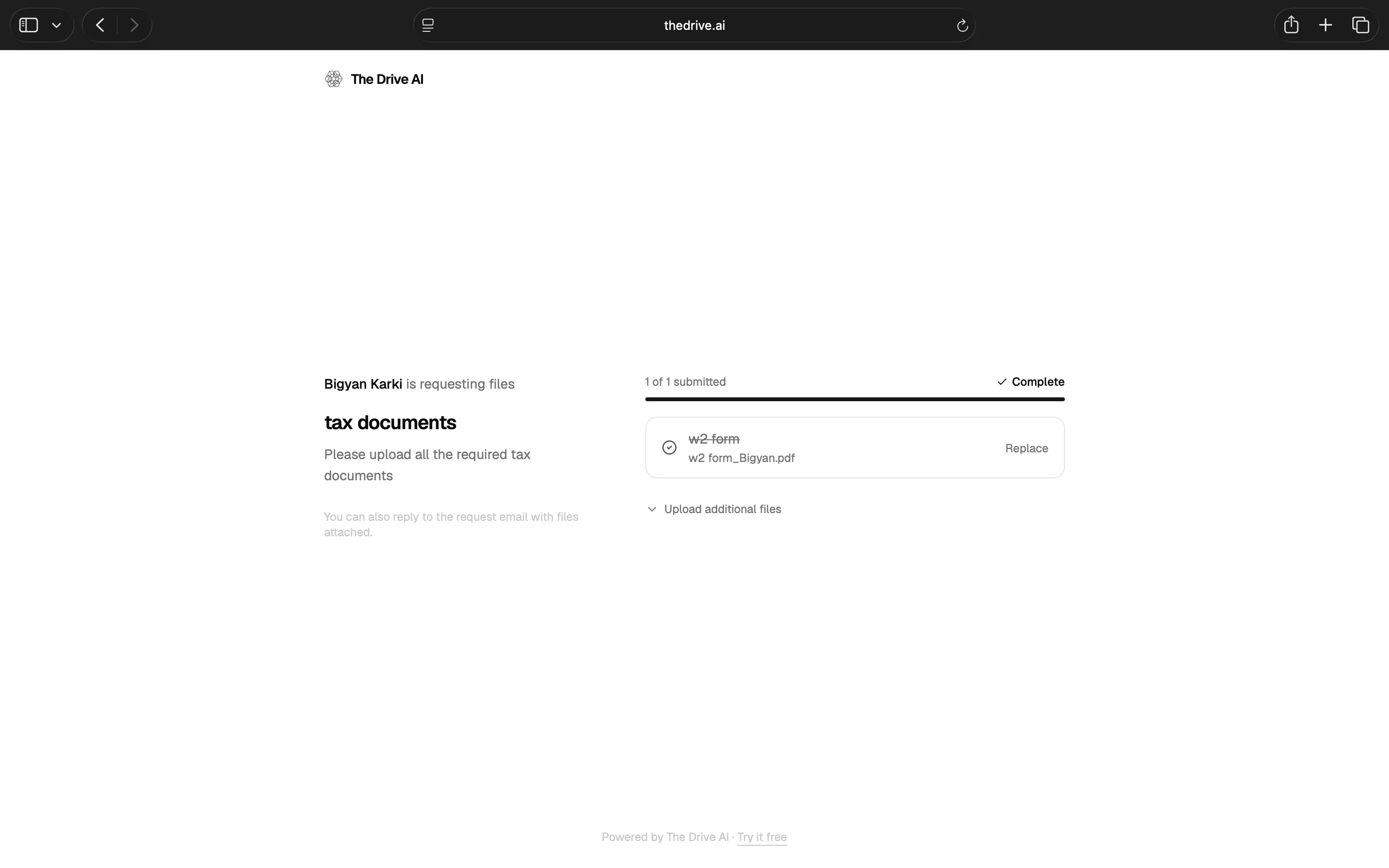 Recipient view showing the file upload page with document checklist and progress