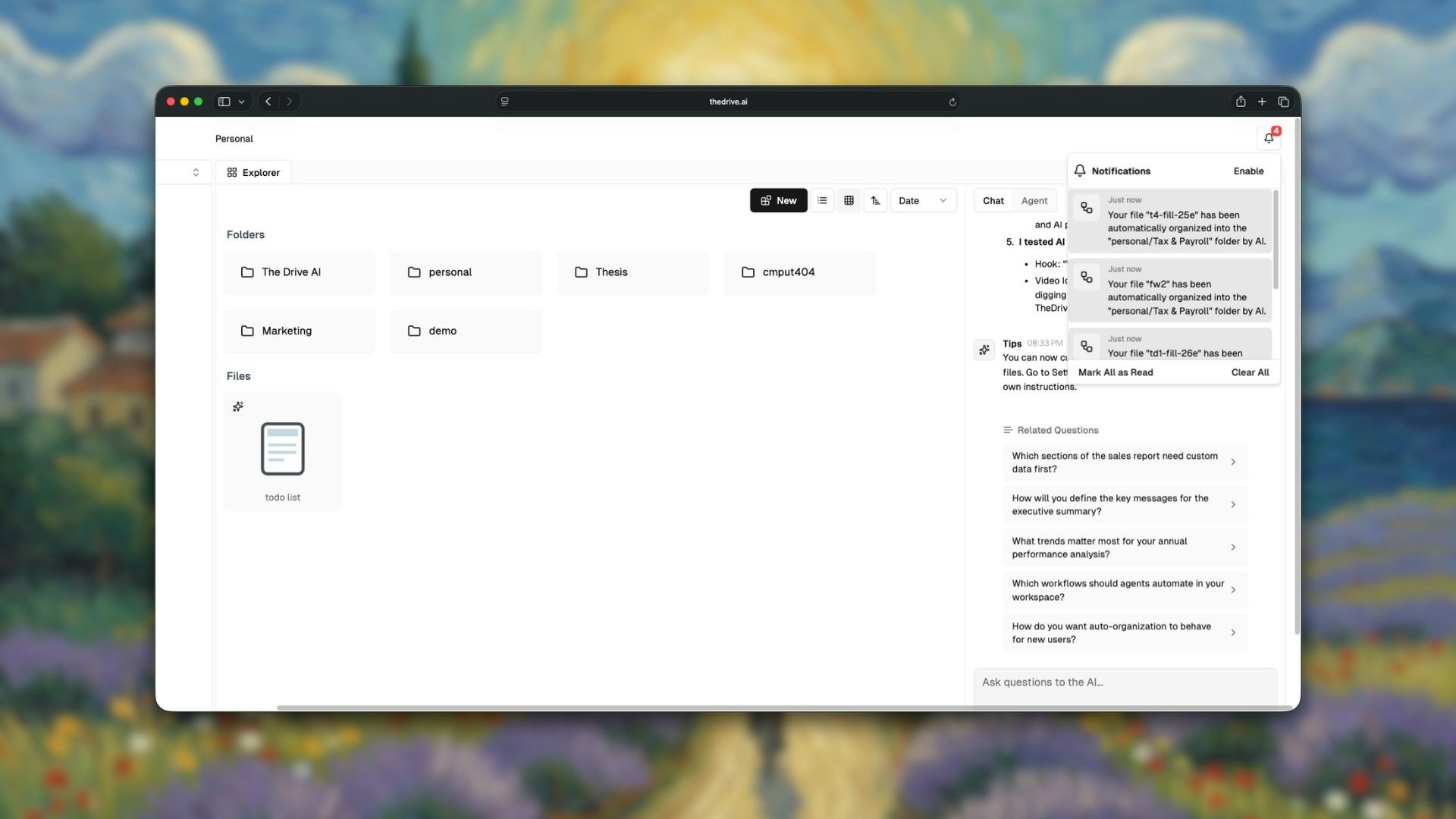 Auto-organization notification showing file movements