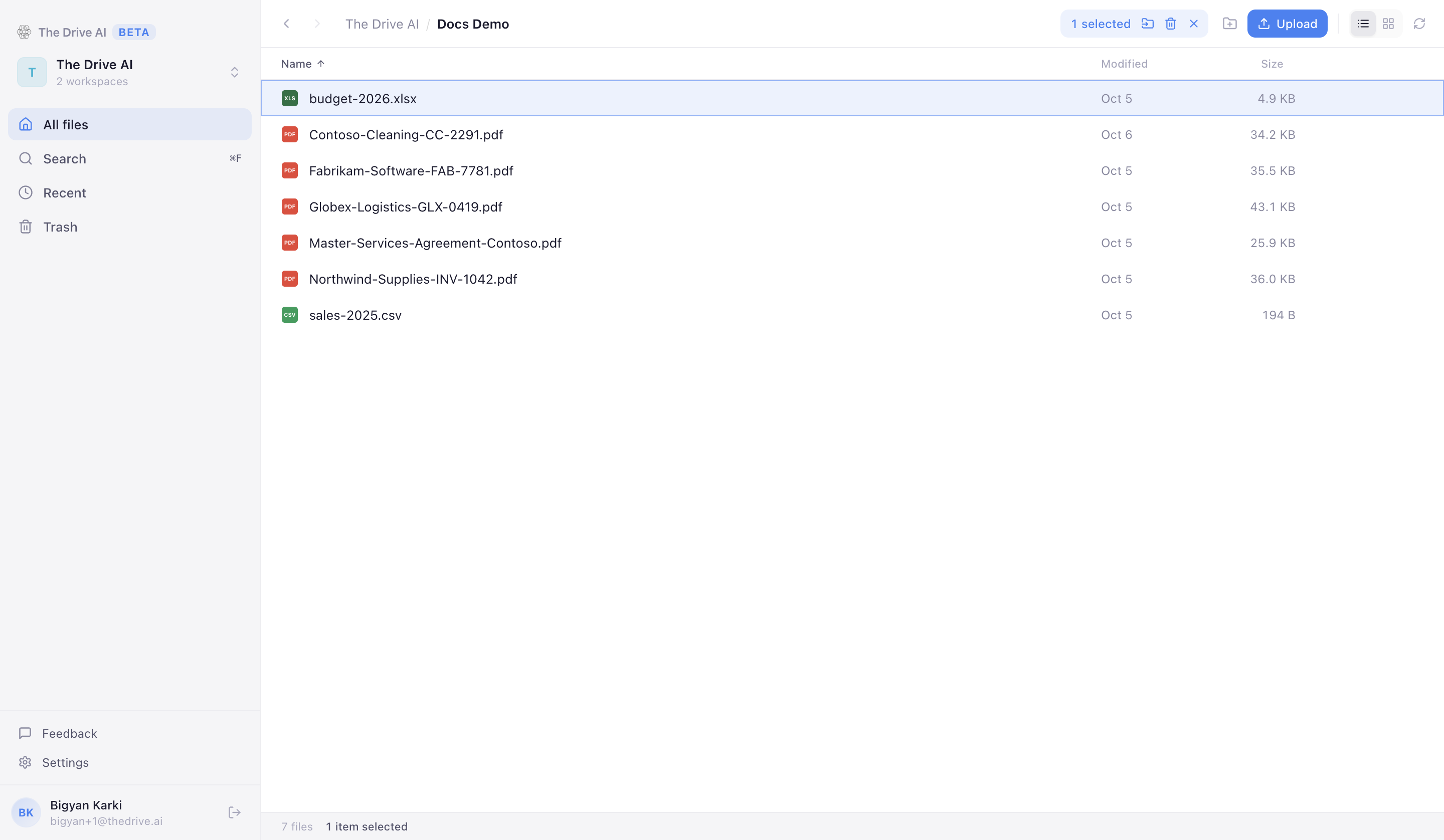 The desktop app with the sidebar on the left, the Docs Demo folder open in list view, and the status bar at the bottom