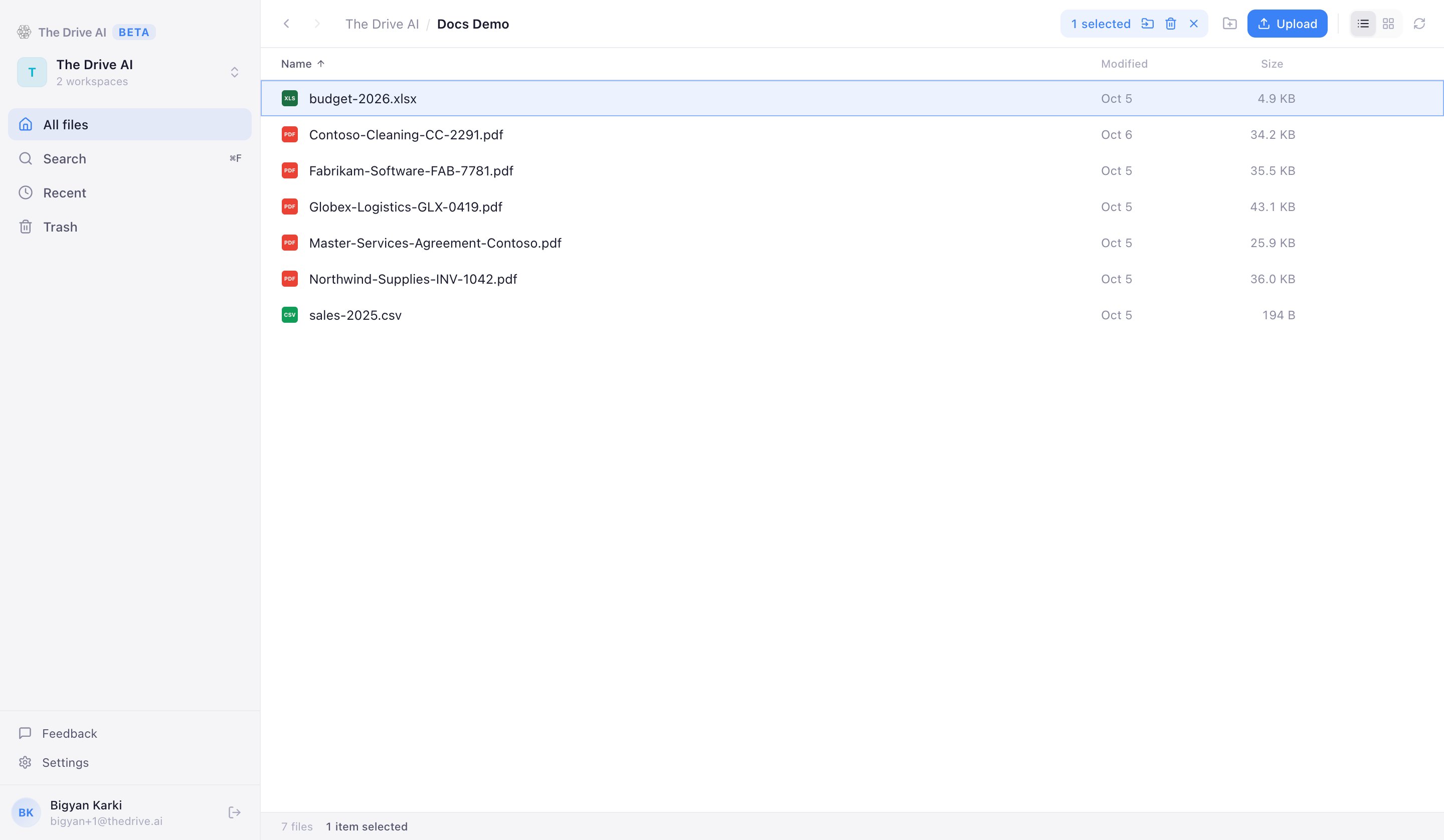 The desktop app with the sidebar on the left, the Docs Demo folder open in list view, and the status bar at the bottom
