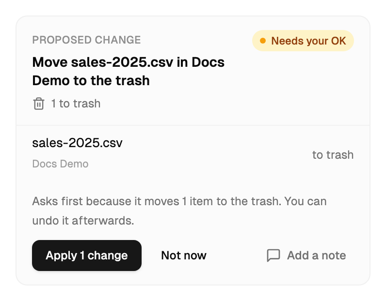 A change card marked Needs your OK, with the change, the file it affects, and the Apply, Not now and Add a note buttons