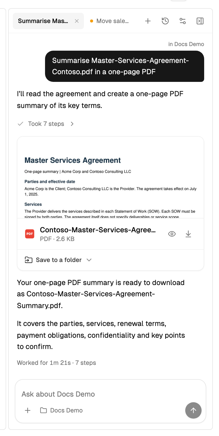 The agent panel with conversation tabs, a status dot on a conversation that needs you, and the new conversation and History buttons