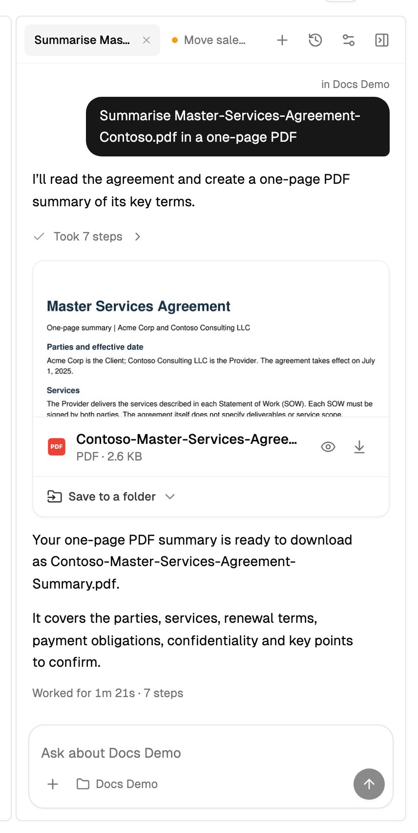 The agent panel with conversation tabs, a status dot on a conversation that needs you, and the new conversation and History buttons