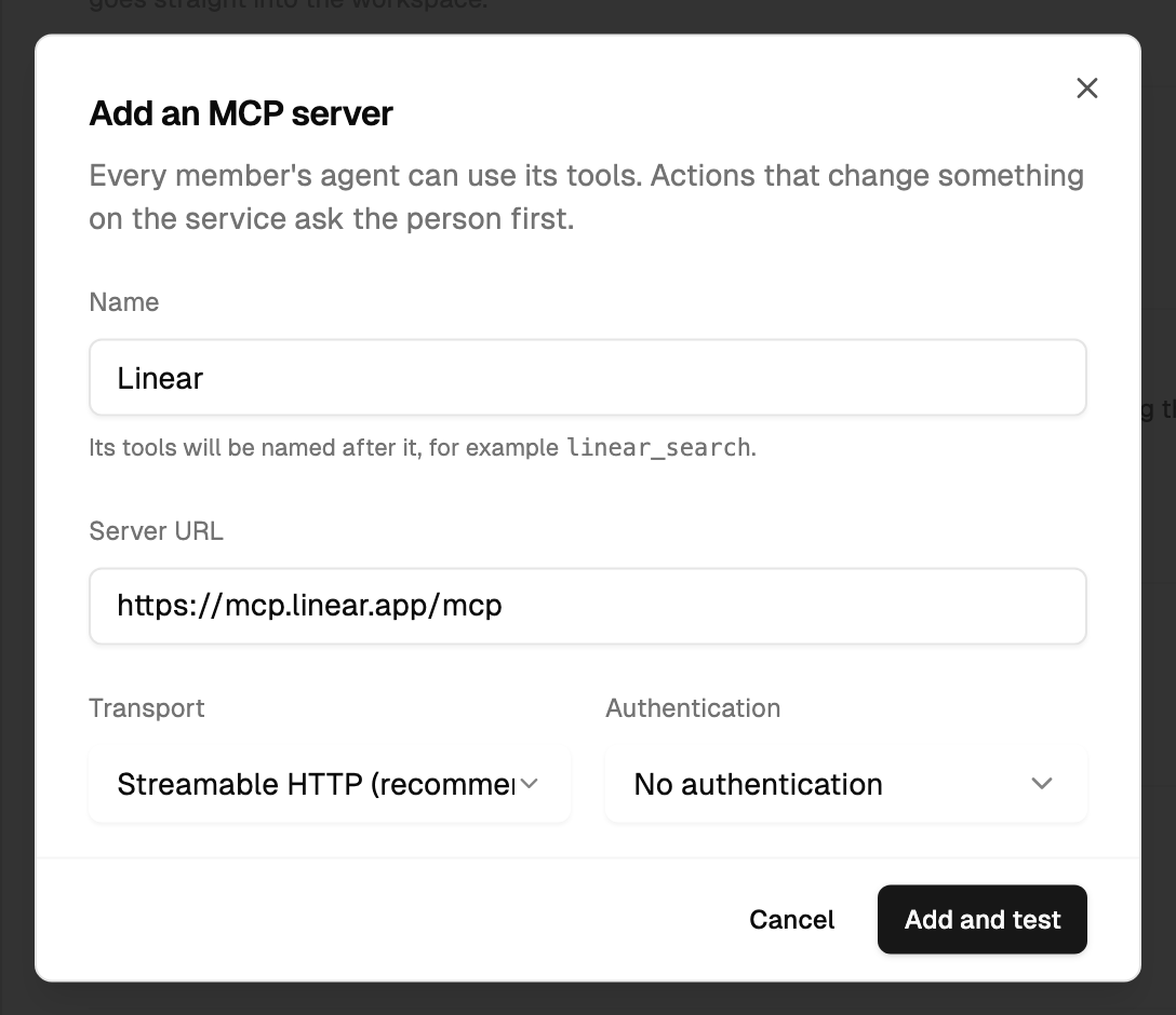 The Add an MCP server dialog with name, server URL, transport and authentication