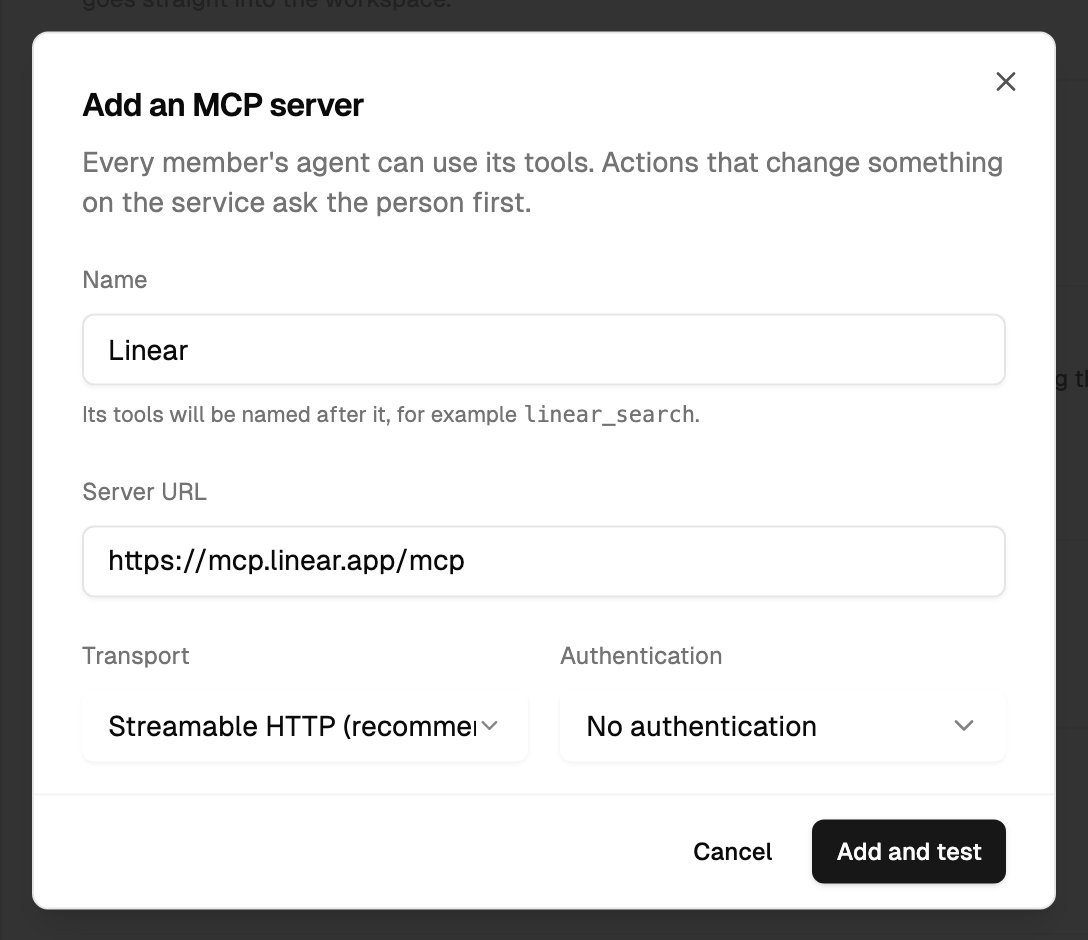 The Add an MCP server dialog with name, server URL, transport and authentication