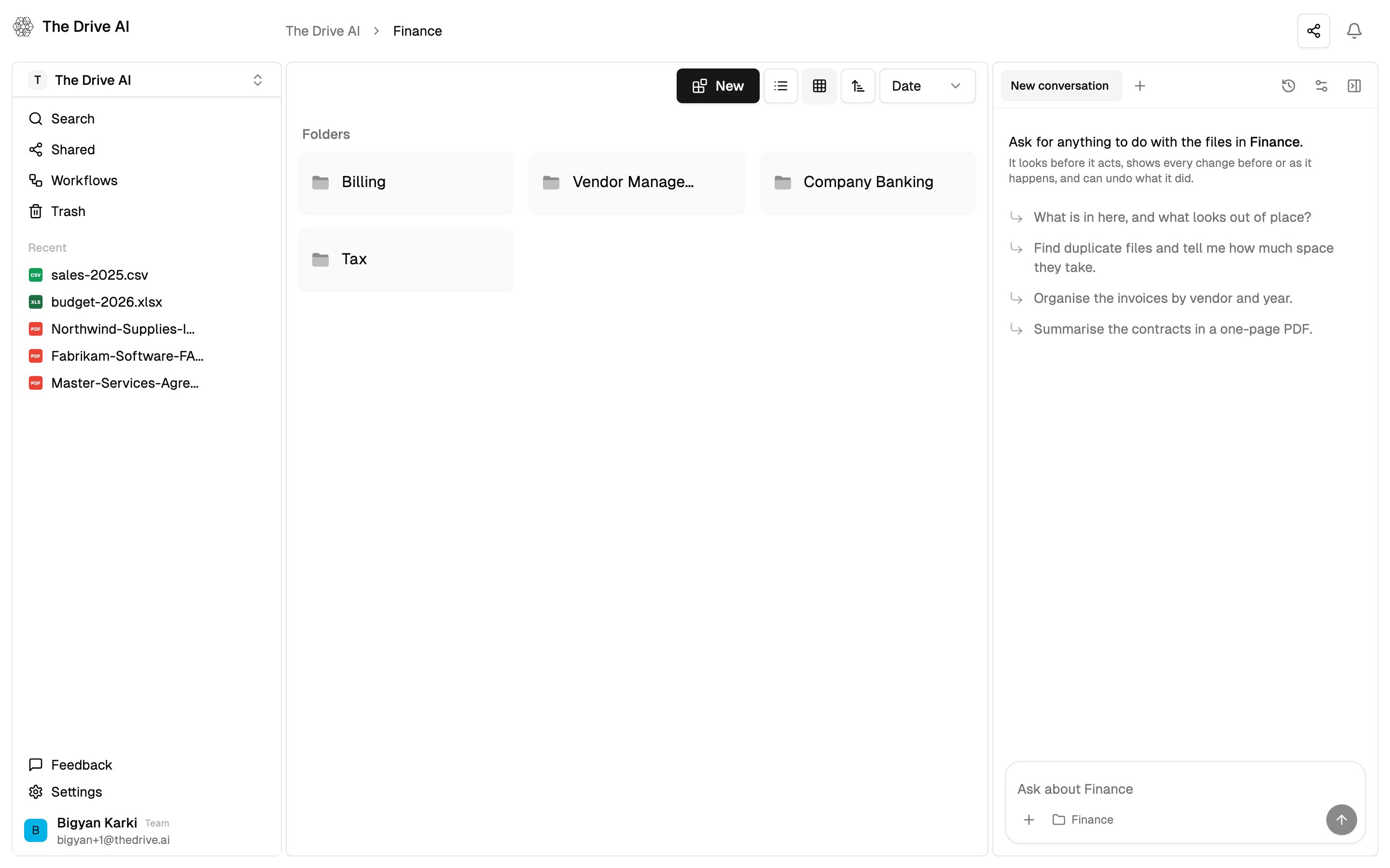 The Drive AI with the sidebar on the left, a folder open in the middle and the agent panel on the right