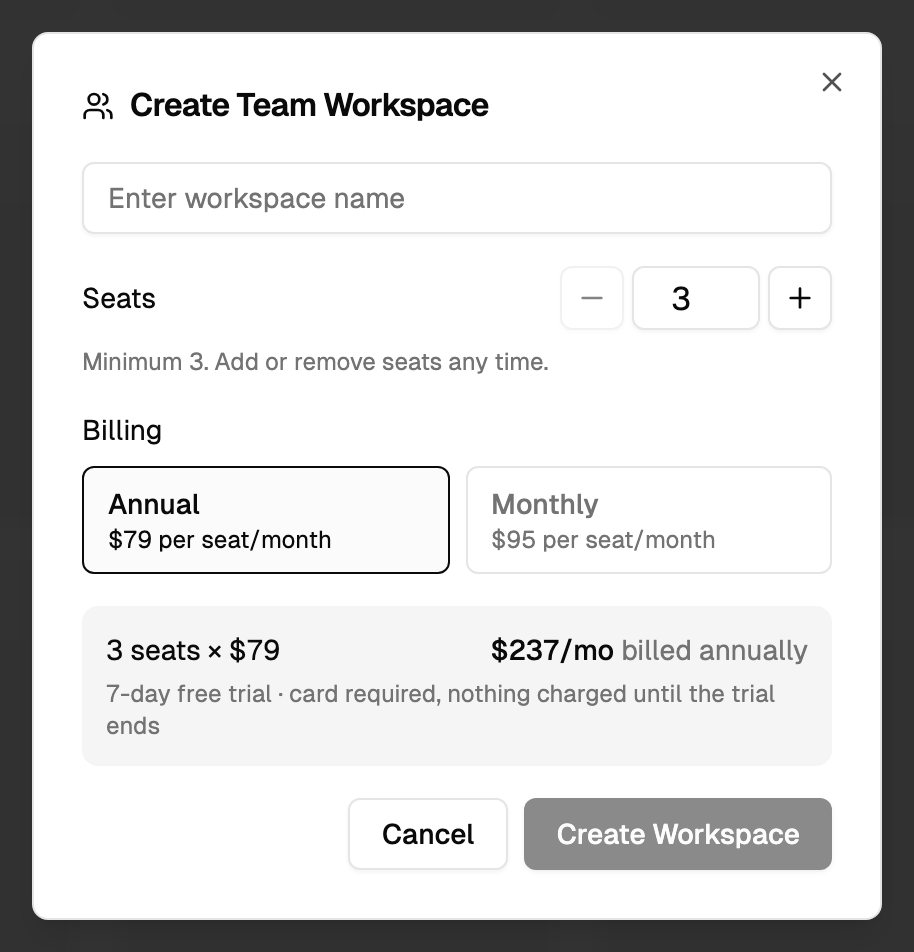 The Create Team Workspace dialog with the seats picker, annual or monthly billing and the trial line