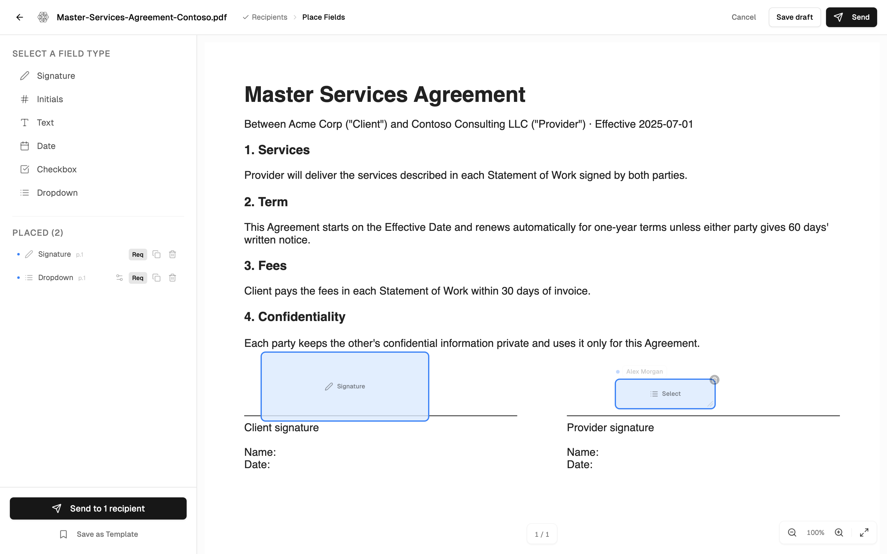 The e-sign editor on Place Fields, with a signature and a dropdown placed on the document and listed under Placed