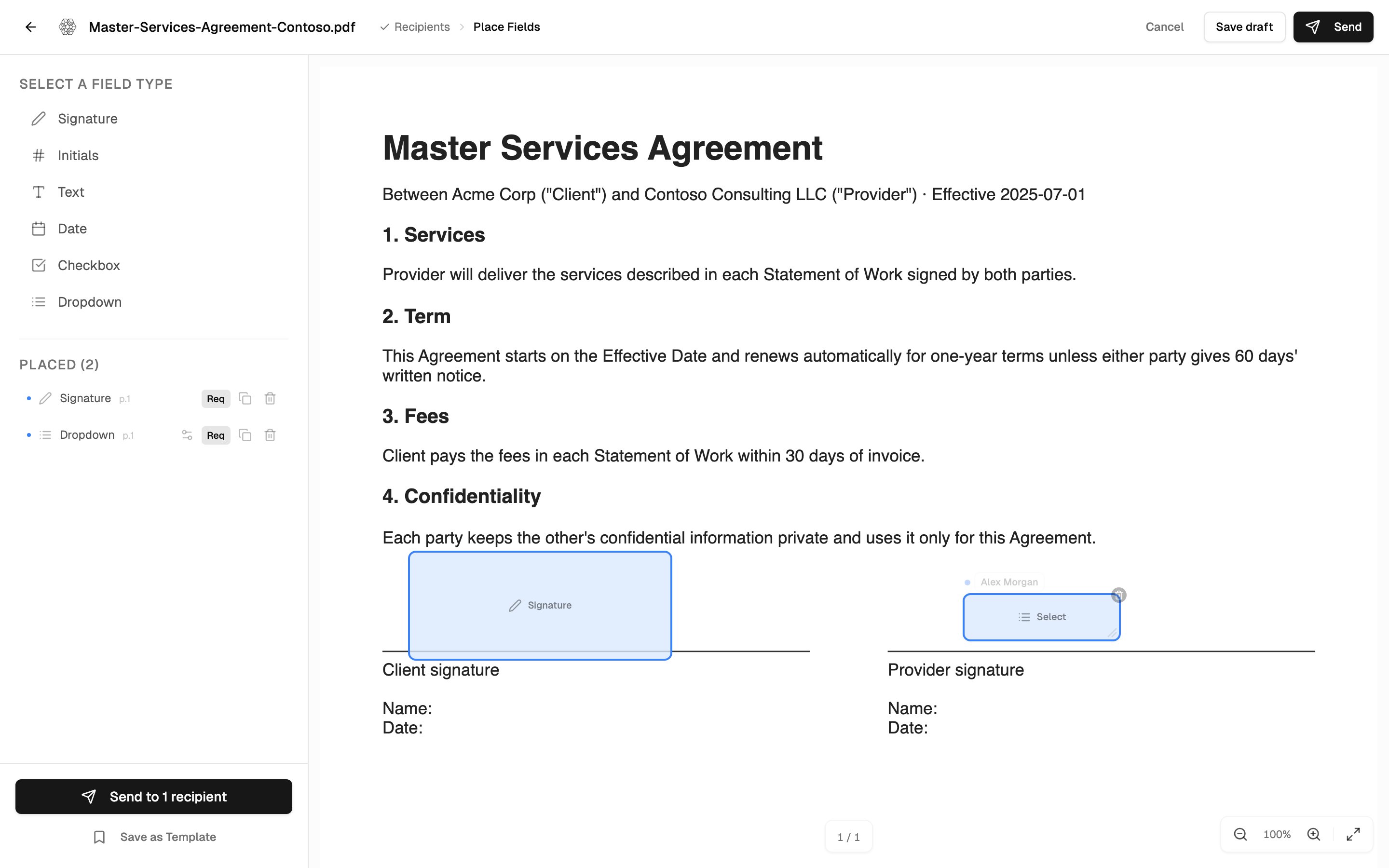 The e-sign editor on Place Fields, with a signature and a dropdown placed on the document and listed under Placed