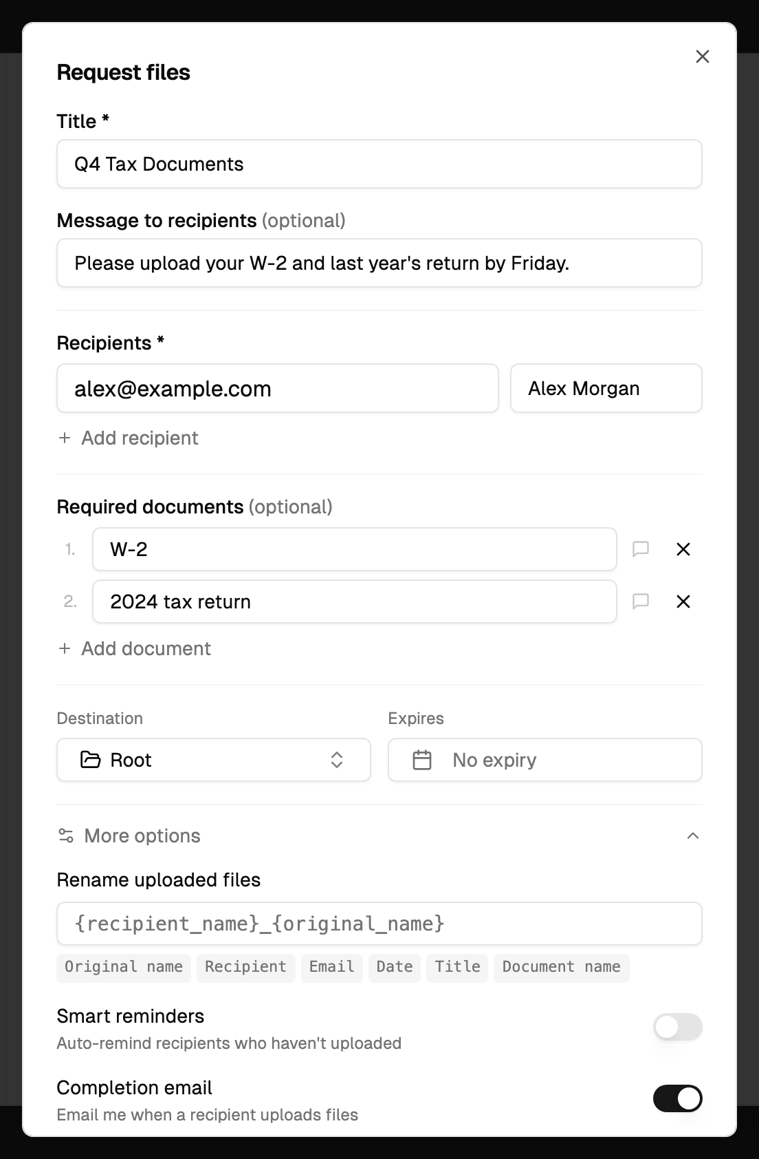 The Request files form with title, message, a recipient, a two-item checklist and More options open