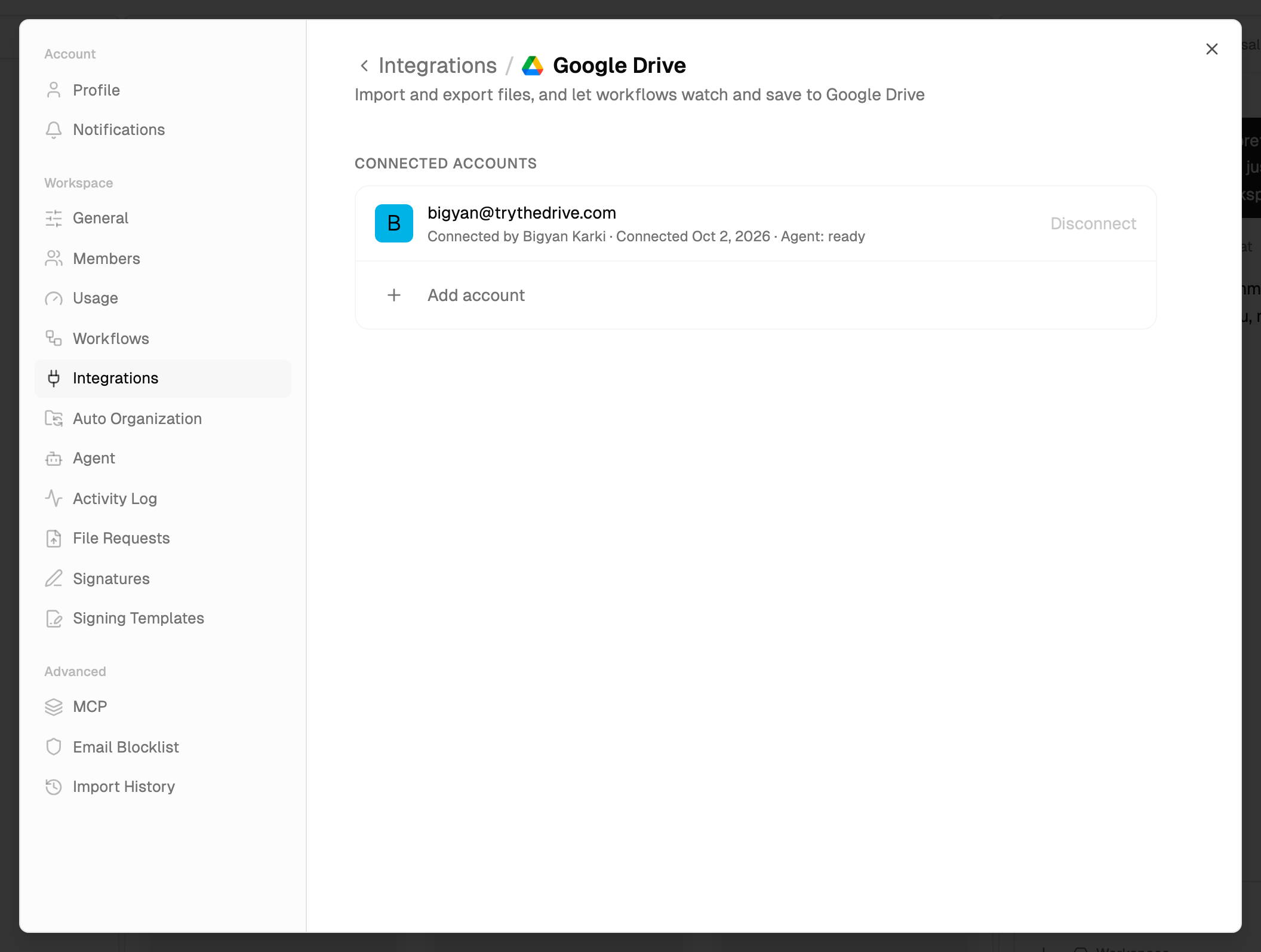 Settings, Integrations, Google Drive, with a connected account, who connected it, when, and the agent status