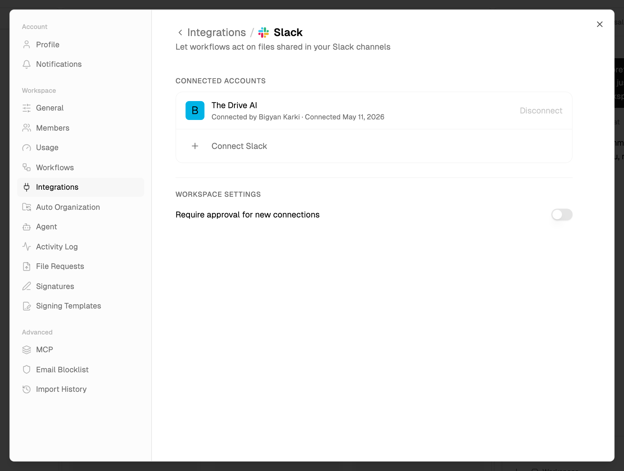 Settings, Integrations, Slack, with a connected Slack workspace