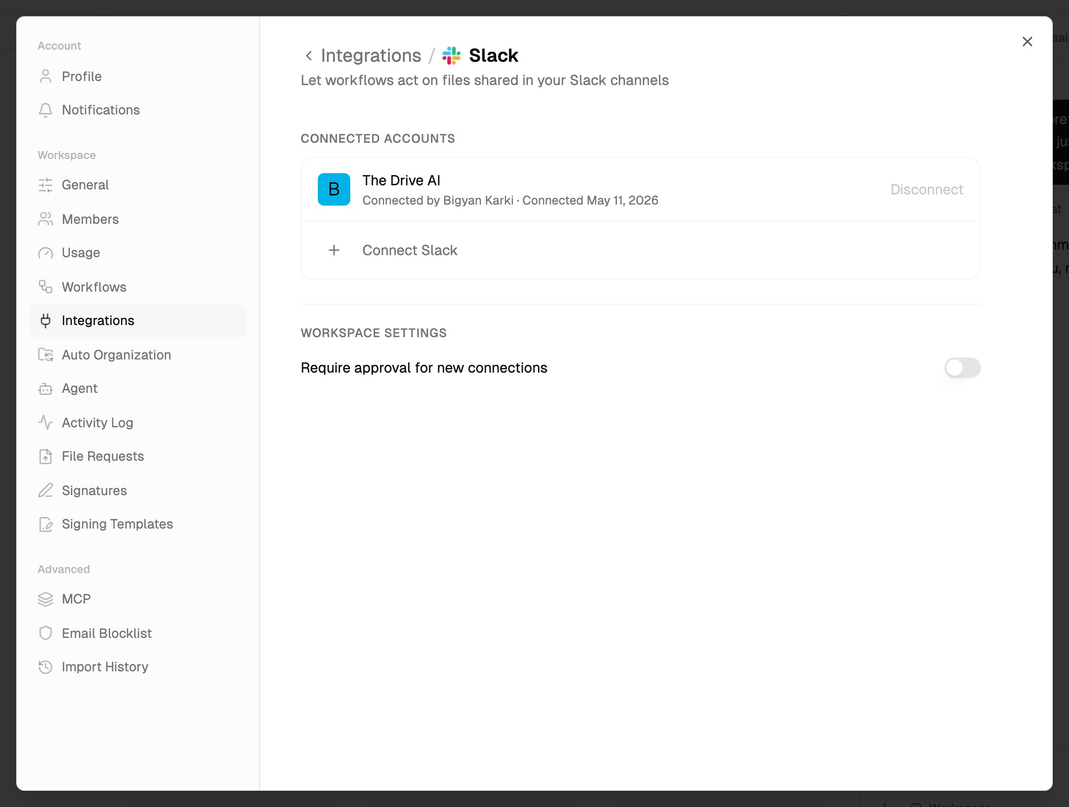 Settings, Integrations, Slack, with a connected Slack workspace