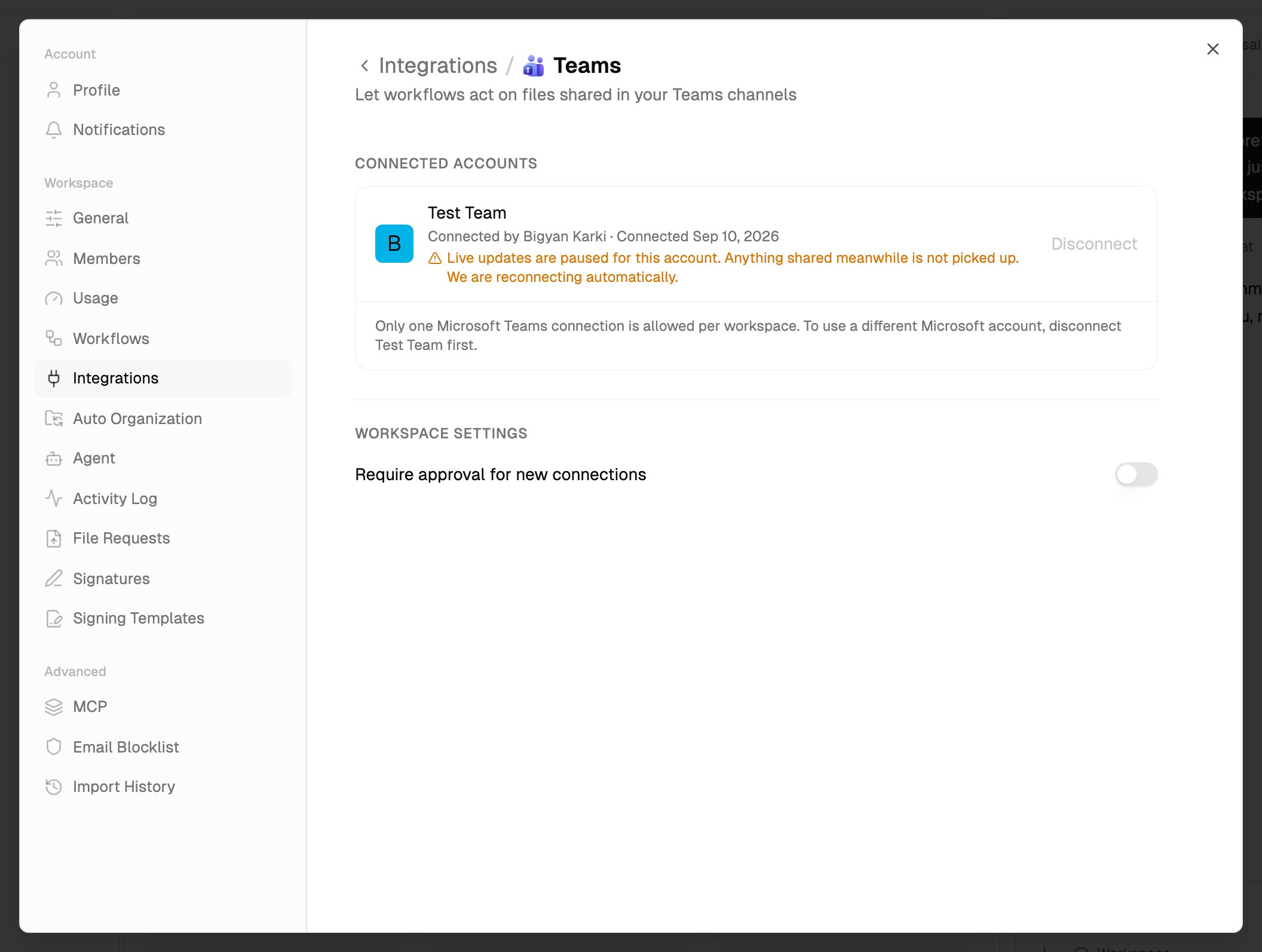 Settings, Integrations, Teams, with the connection and the teams it covers