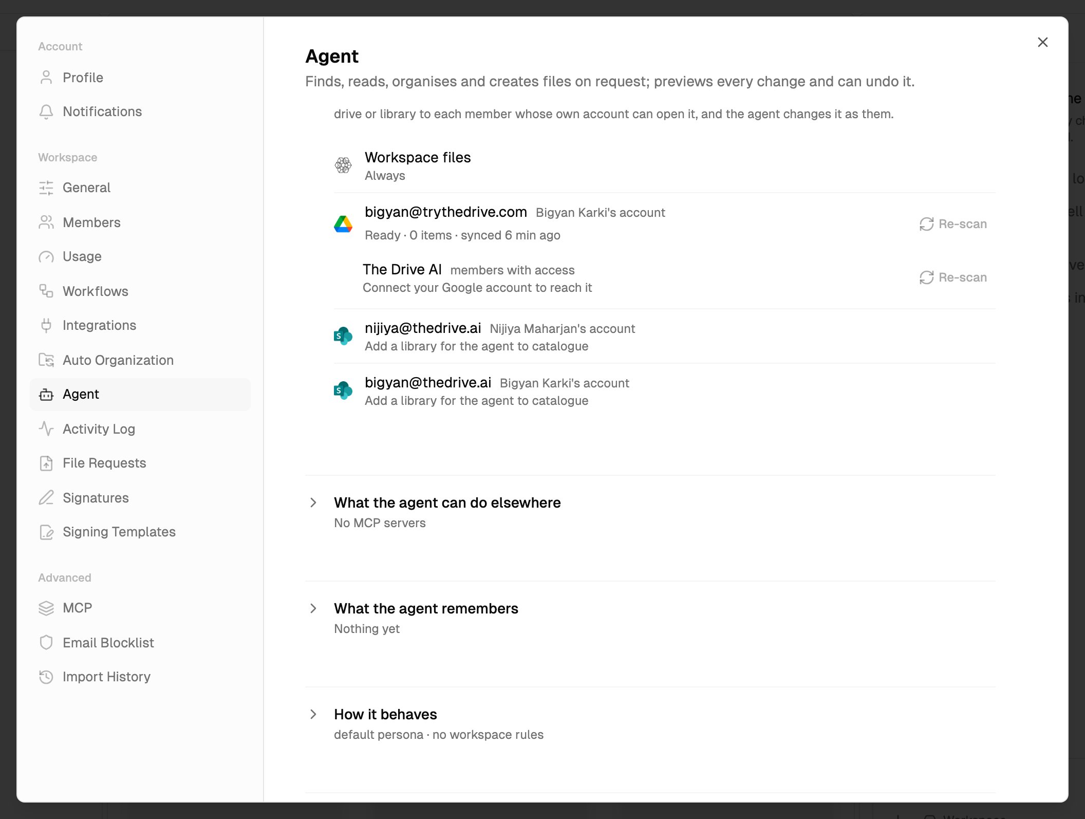 What the agent can see expanded, listing workspace files and connected accounts with Re-scan